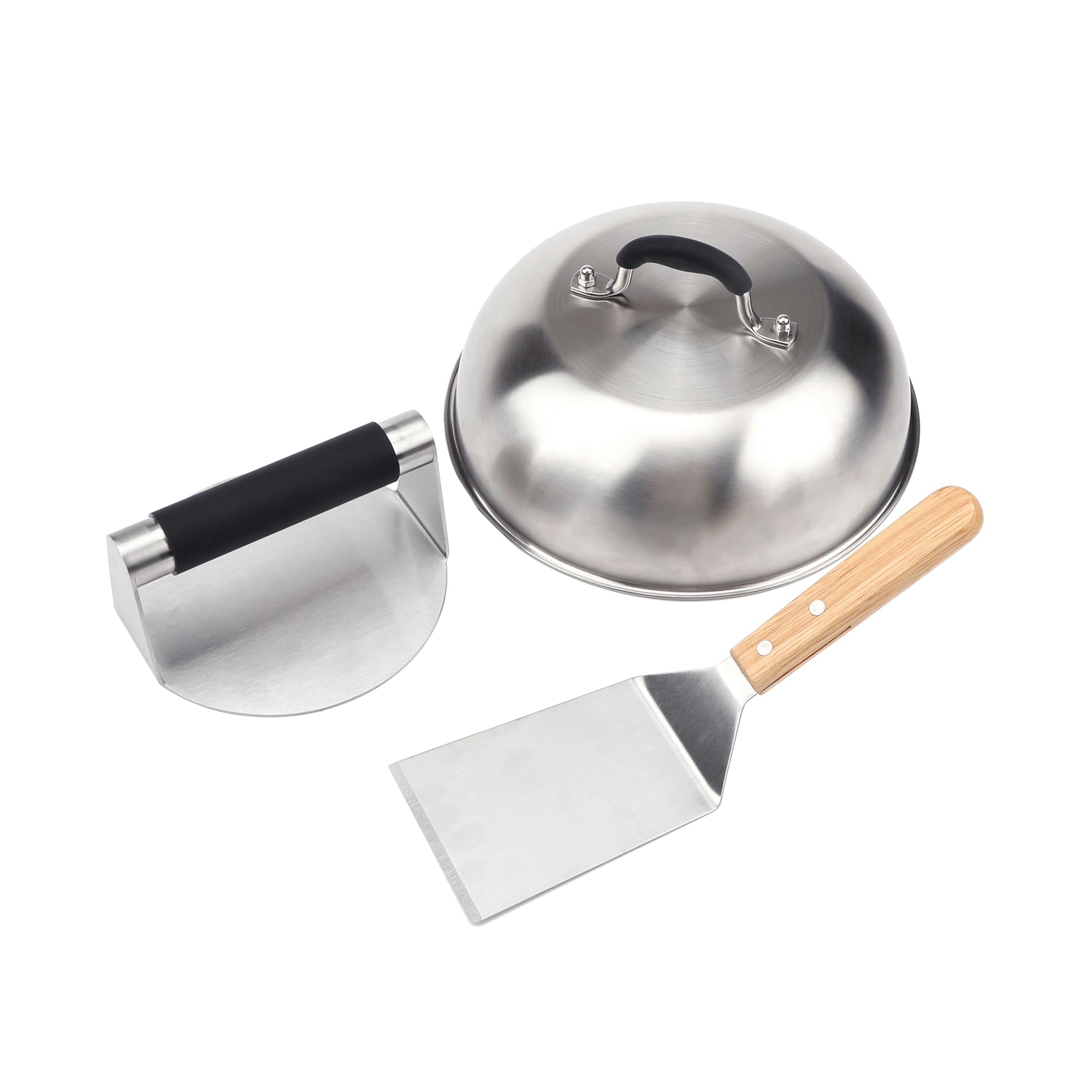 Amig - Kit 3 Accesorios para Smash Burger - Prensa para Carne, Campana para Fundir Queso, Espátula - Acero Inoxidable - Mod. AM12