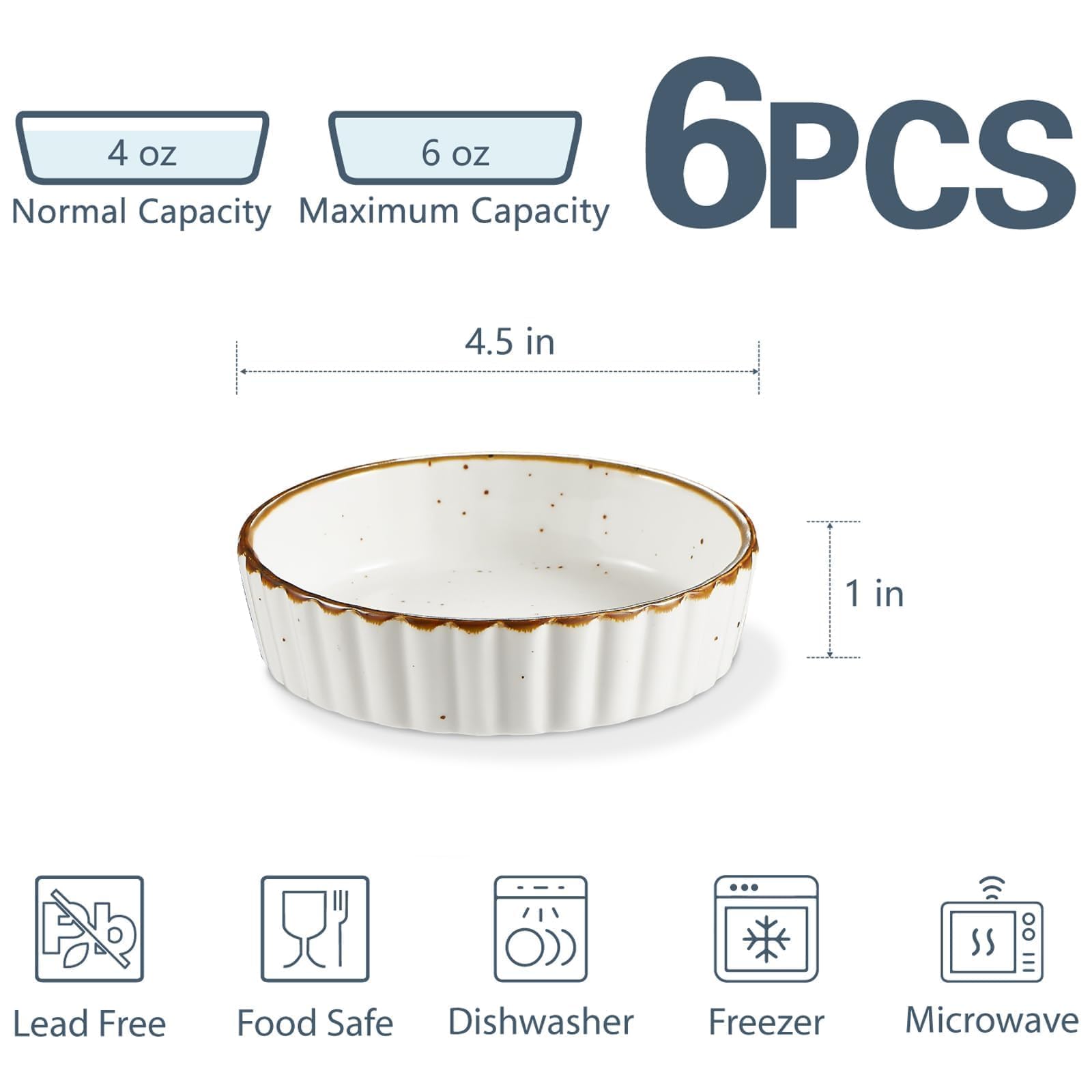 ONEMORE Cerámica poco profunda Ramekin Verti Line, color blanco crema juego de 6