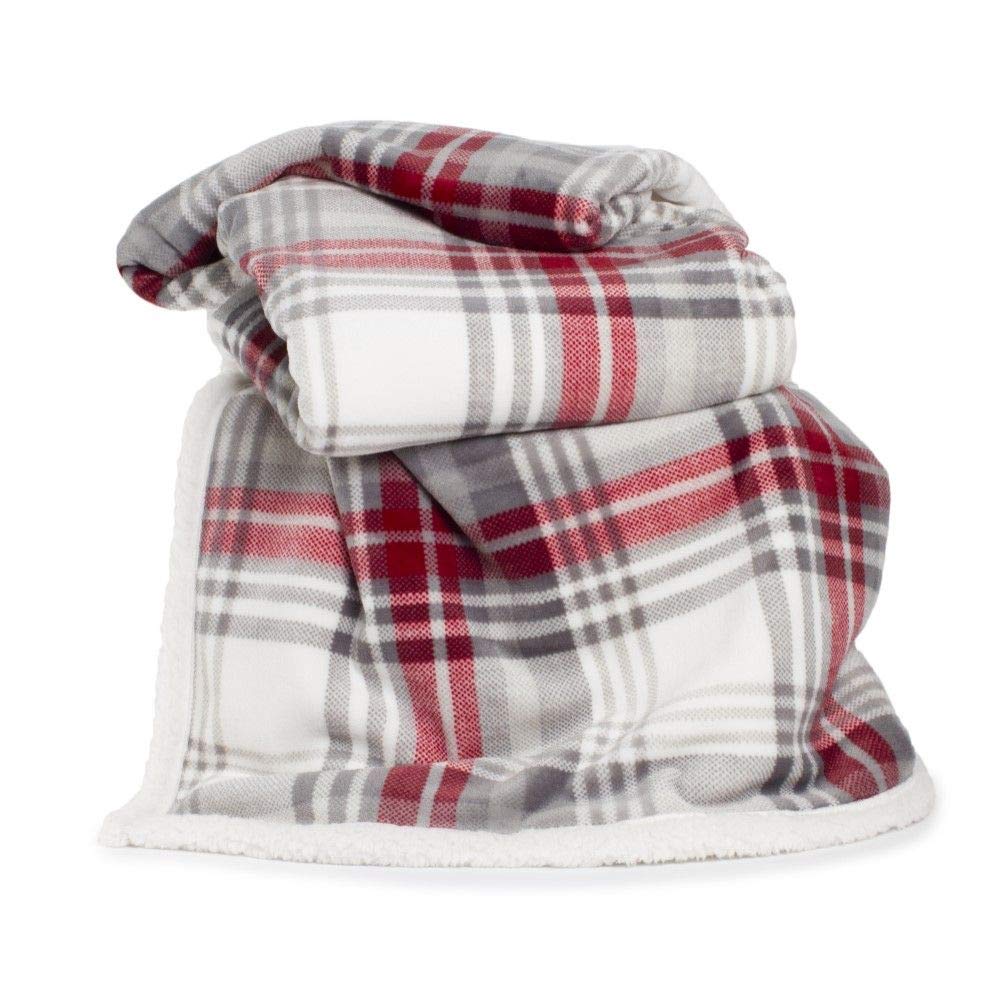 Deyongs Printed Flannel Sherpa Check Blanket Throw - Red Grey (140 x 180cm)