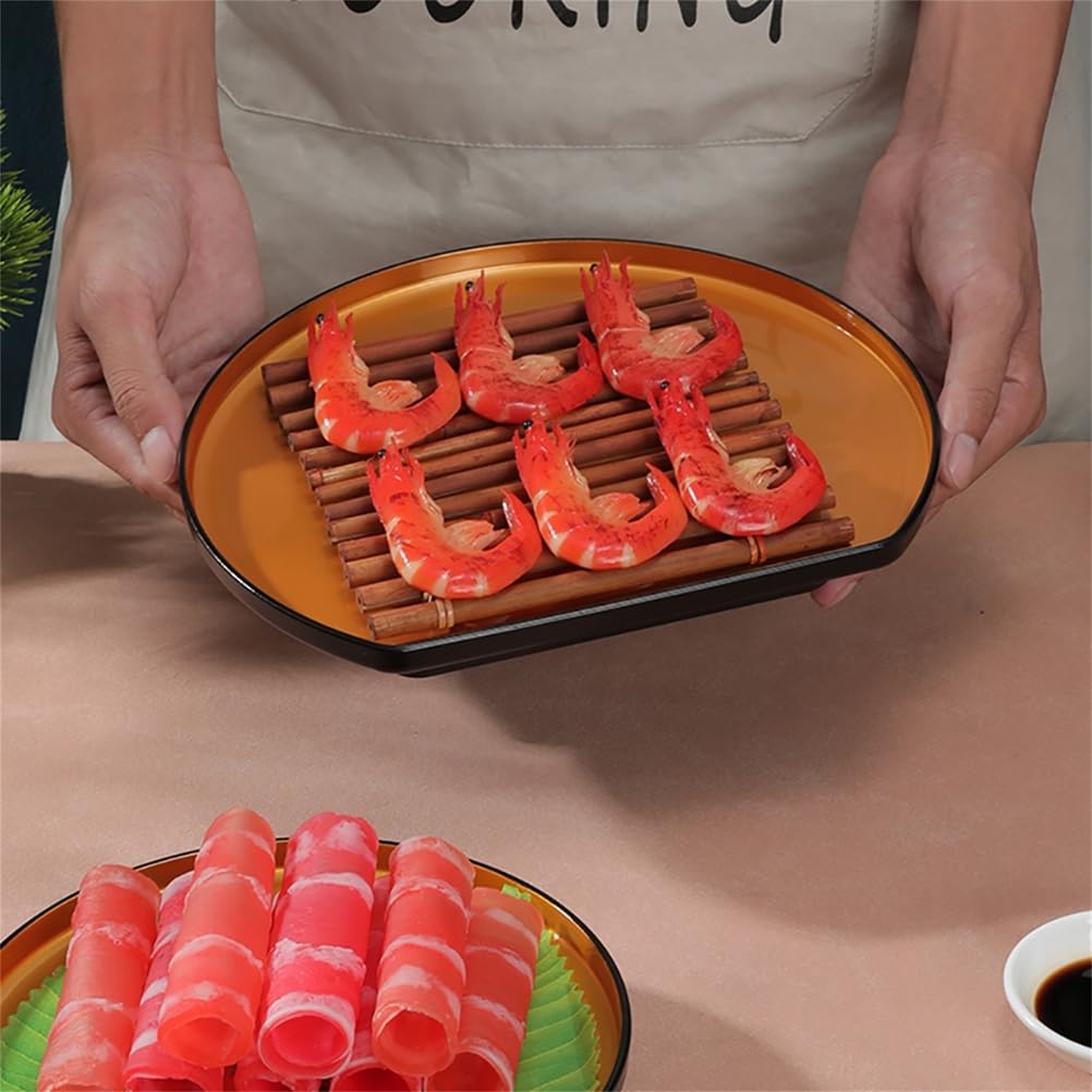Japońska taca na sushi Half Moon z melaminy | złoty ekspozytor do gotowania w tempurze, podwyższona antypoślizgowa podstawa, serwer do deserowych sashimi z owocami morza