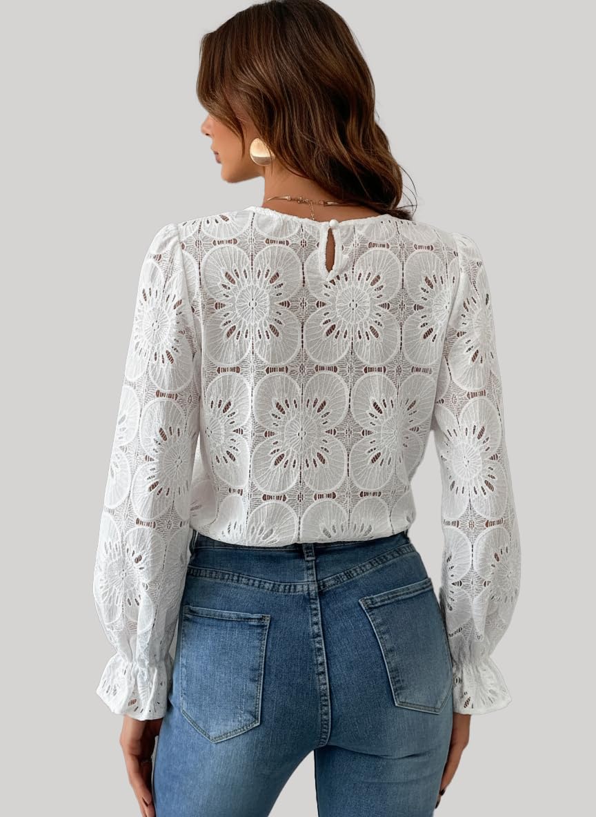 CUPSHE Women Eyelet Long Sleeve Tops Shirts Dressy Hollow Out Crochet Lace Embroidered Blouses 2025 Fashion