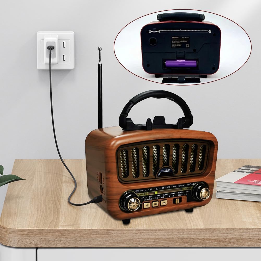 AM/FM/SW Retro Radio mit Bluetooth 5.0, Nostalgie Radios Klein mit 1800mAh Akku, Küchenradio & Kofferradio mit 5-W-Lautsprecher, Unterstützt USB/TF/AUX, Vintage Radio für Zuhause, Büro, Outdoor
