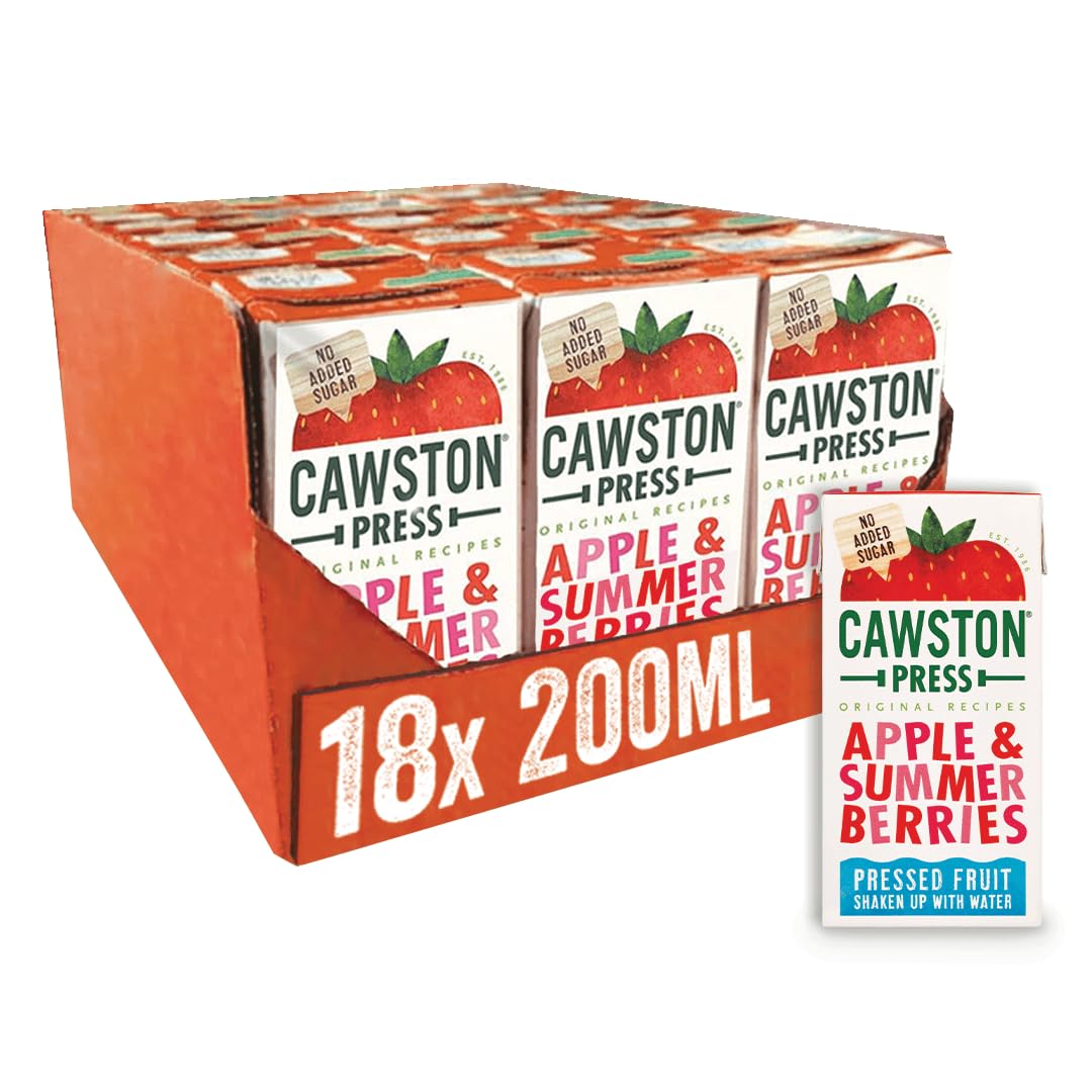 Cawston Press Fruit Water Kids Drink | Pressed Summer Berries Flavoured Water | 200ml x 18 Pack Berries & Apple Juice Cartons | School Approved – No Added Sugar – Vegan | Ideal for Kids Lunchbox