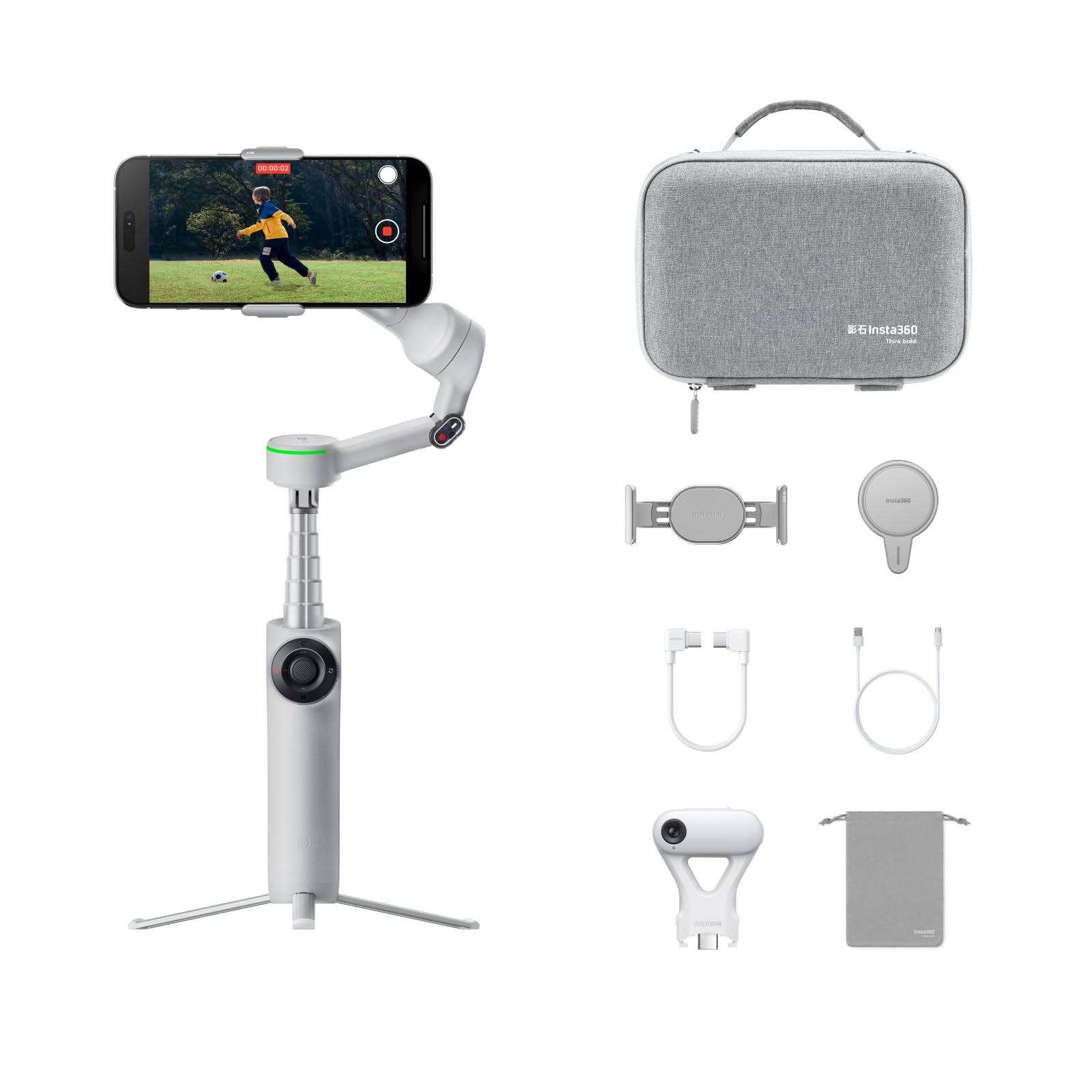 Insta360 Flow 2 Pro stabilizzatore gimbal per iPhone e Android, gimbal IA per smartphone, stabilizzatore per viaggi e vlog, stabilizzatore per video, YouTube, TikTok - Pack Creator Ultimate grigio