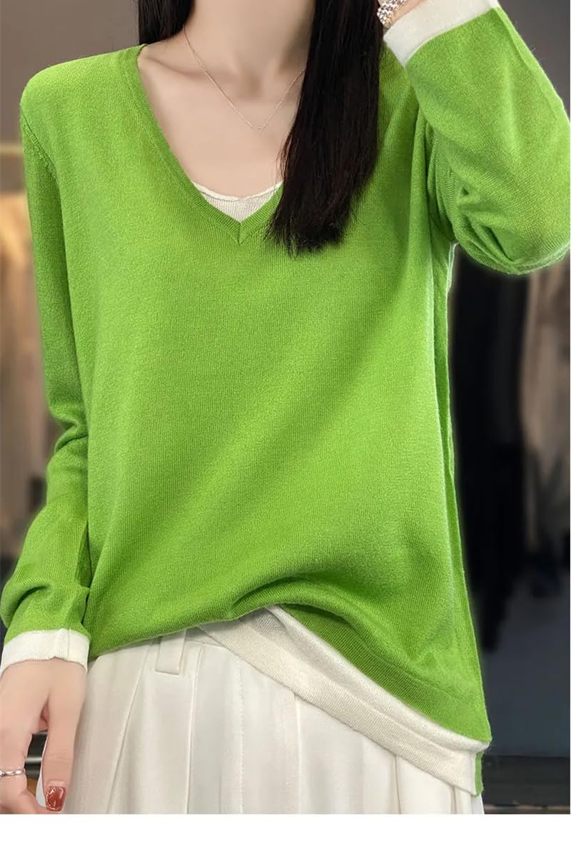 Jersey fino de lana con cuello en V para primavera y otoño para mujer, casual, ajuste holgado, falso, dos piezas
