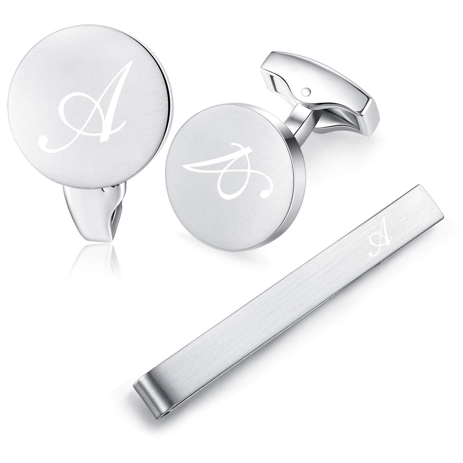 HONEY BEAR Inicial Letra Alfabeto Gemelos & Pinzas de Corbata Set - Acero Inoxidable para el Regalo de la Boda de la Camisa de los Hombres de Plata cepillada