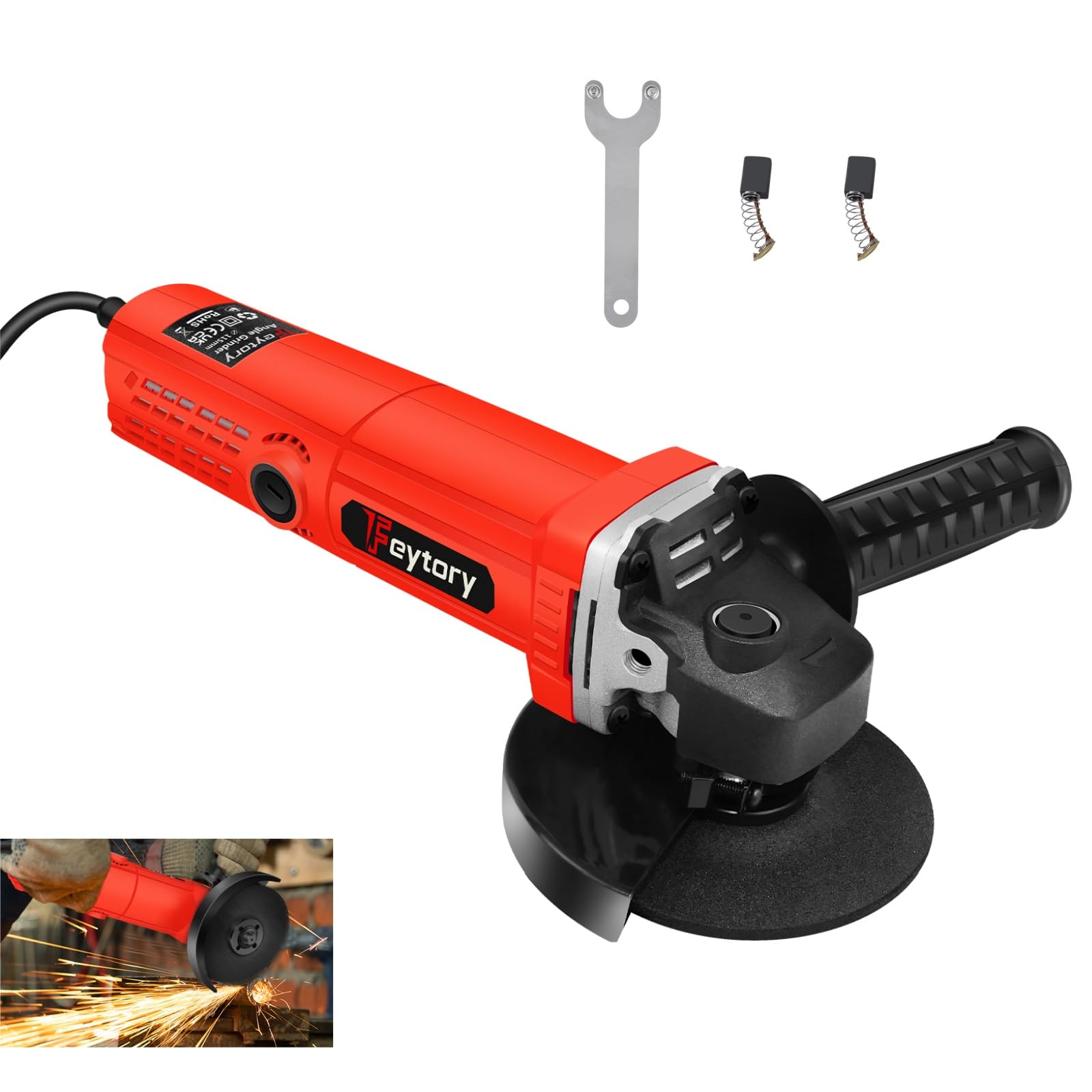 Corded Angle Grinder 115mm Electric Angle Grinder Power Tools with 1 Grinding Wheel, 1 Wheel Cover,1 Side Handle,1 Wrench and 2 Carbon Brush,for Cutting,Polishing,Red