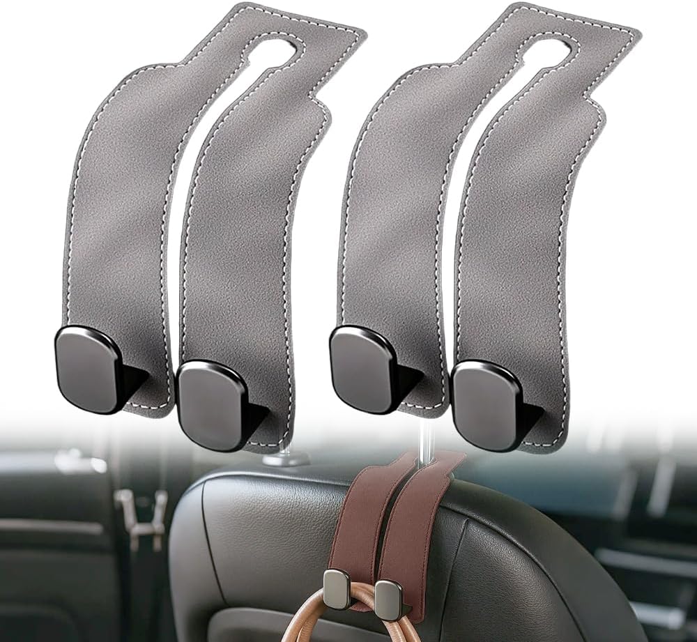 Headrest Hooks for Car, 2026 New Leather Headrest Hooks for Car, Multifunctional Double Hook Holder for Convenient Storage, Auto Hooks Organizer for Handbag Purse Coat Bags (Gray,2)