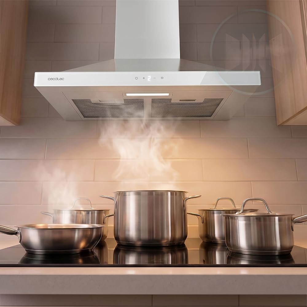 Cecotec Okap piramidalny 50 cm Bolero Flux PT 504400 Inox A++. Przednie szkło w kolorze białym, ssanie 449,5 m³/h, niewidoczna kontrola dotykowa, funkcja wzmacniacza, filtry zmywalne, klasa A++
