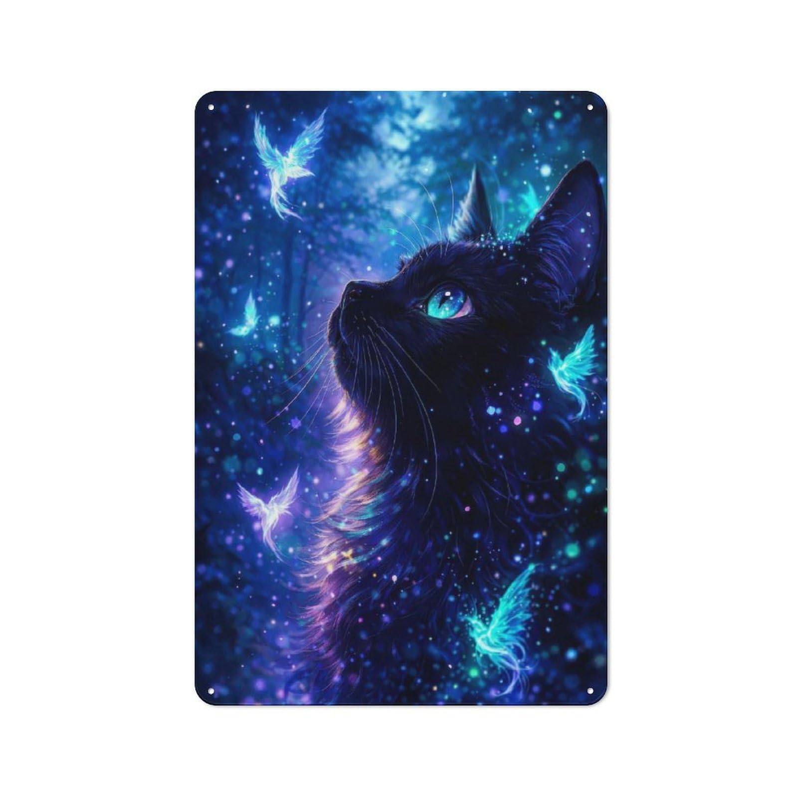 Junmoney Style Enchanted Black Cat With Magical Birds Metal Wall Plaque 30X20cm, Character Room Wall Plaque For Hallway, Home Bar, Garage Or Study