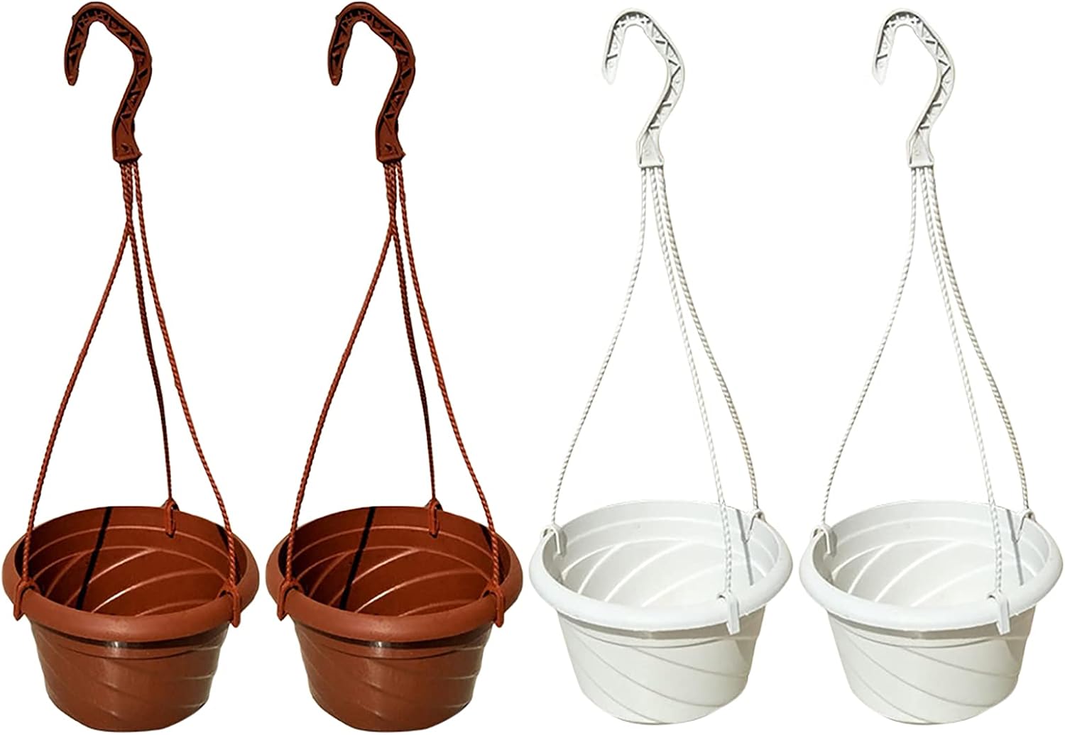 4 Pieces Plastic Hanging Planters, 5.9 in Dia x 3.54 in H, Flower Plant Basket Pots Chain Holder Garden Decoration for Indoor and Outdoor Use, Beige White & Red