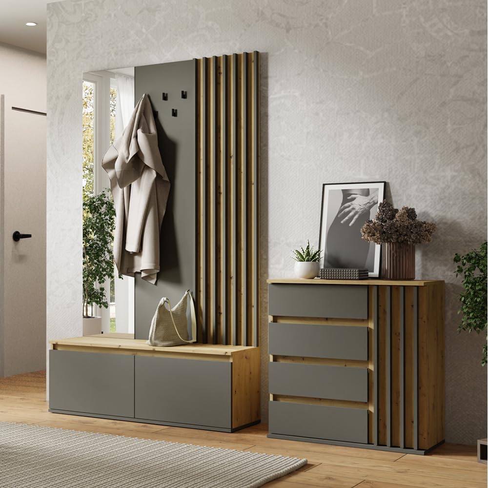 Lomadox Garderoben Set Kommode mit Bank Paneel Spiegel Eiche Graphit Lamellen-Design