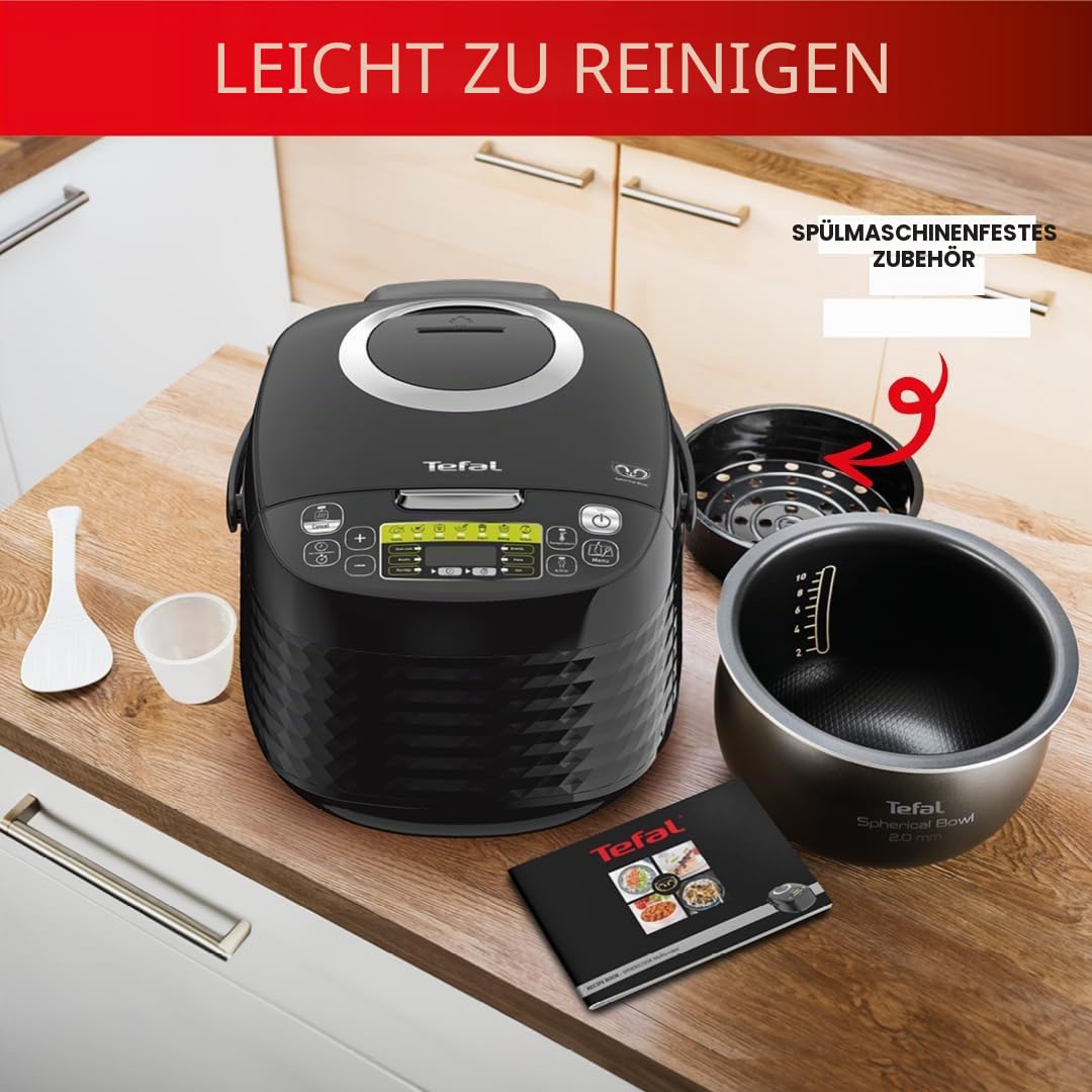 Tefal SpheriCook RK745840 16-in-1 Multicooker, Slow Cooker, Reiskocher, Dampfgarer, Warmhalten, Bräunen, spülmaschinenfeste Schüssel, 16 Programme, 5 Liter, schwarz, 750 Watt, RK745840