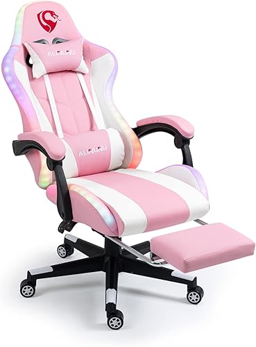 Miniatura 2 de ALINUNU Silla de juegos con luces RGB, silla de juegos con altavoces integrados, soporte lumbar masajeador completo con reposapiés, silla de