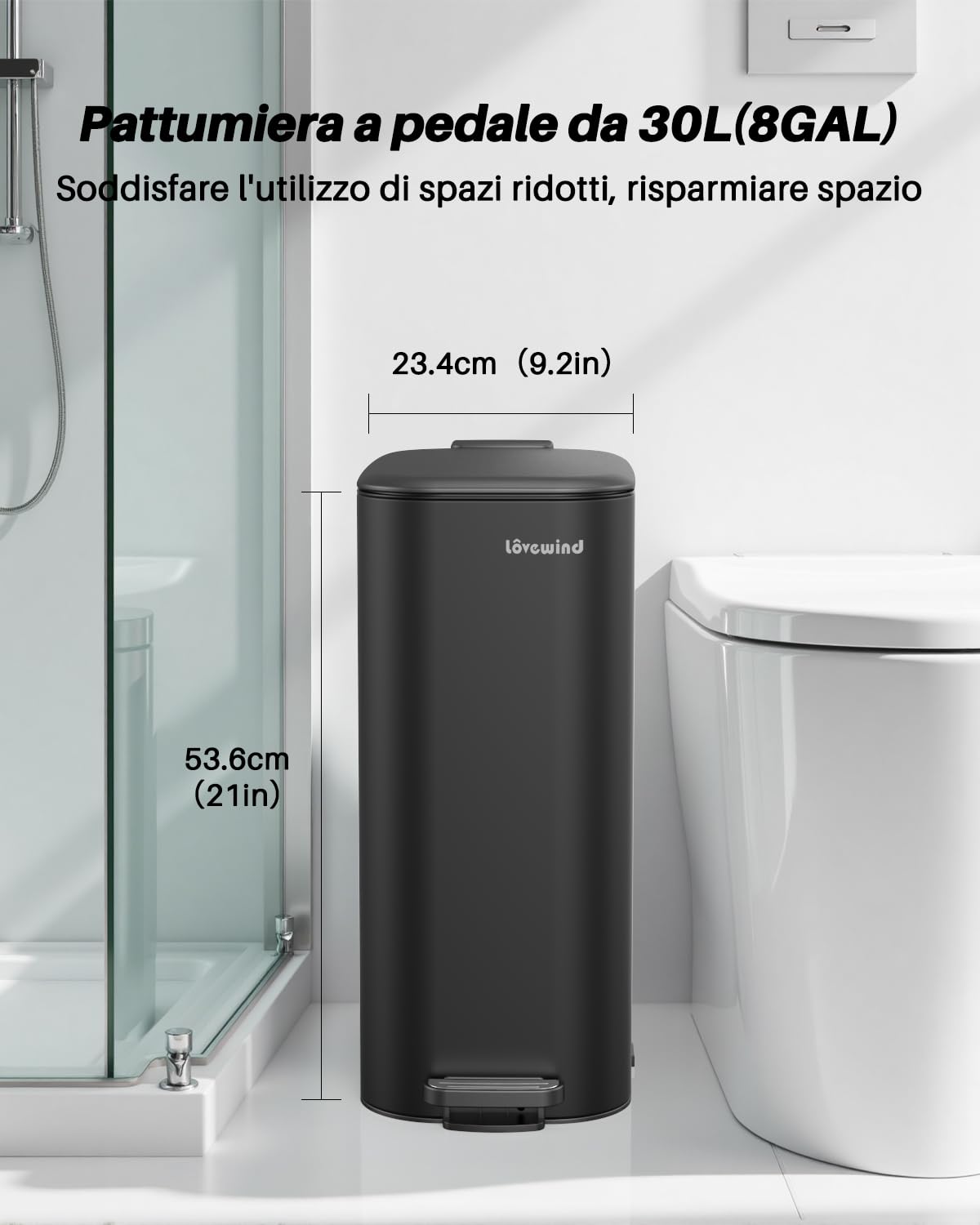 lovewind Cestino Metallico Stretto 30L con Pedale, Coperchio Silenzioso a 90°, Secchio Interno Rimovibile con Doppie Maniglie e Fori per Sacchi, Design Compatto per Cucina, Ufficio, Soggiorno