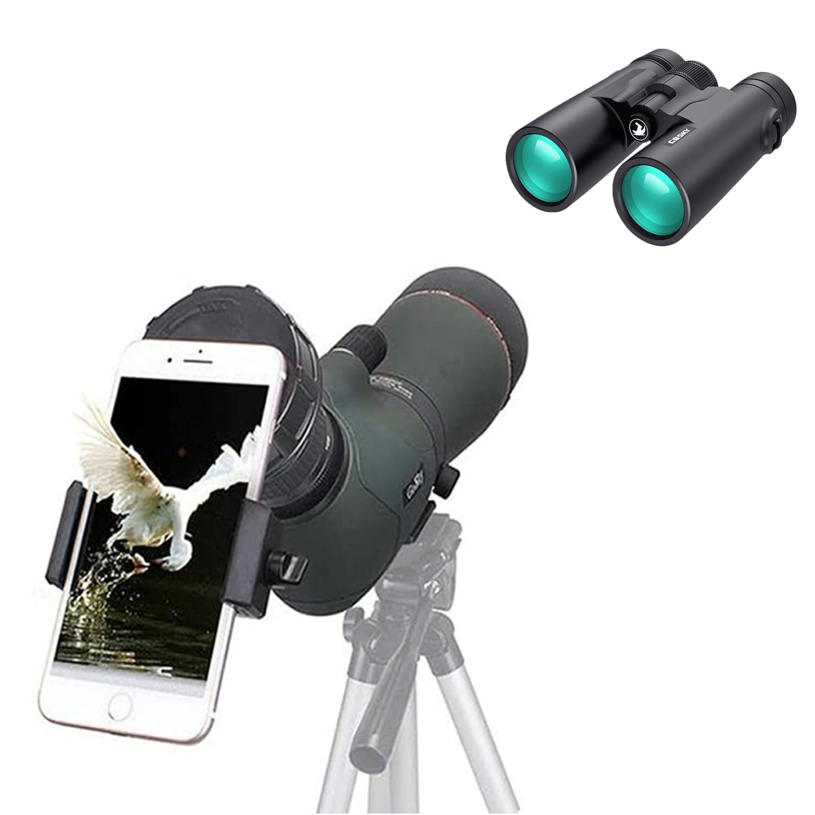 Gosky 10x42 Roof Prism Binoculars for Adults with Gosky HD 20-60x80 Dual Focusing Spotting Scope for Bird Watching Hunting Hiking Travel Stargazing Moon Watching Safari Wildlife Viewing