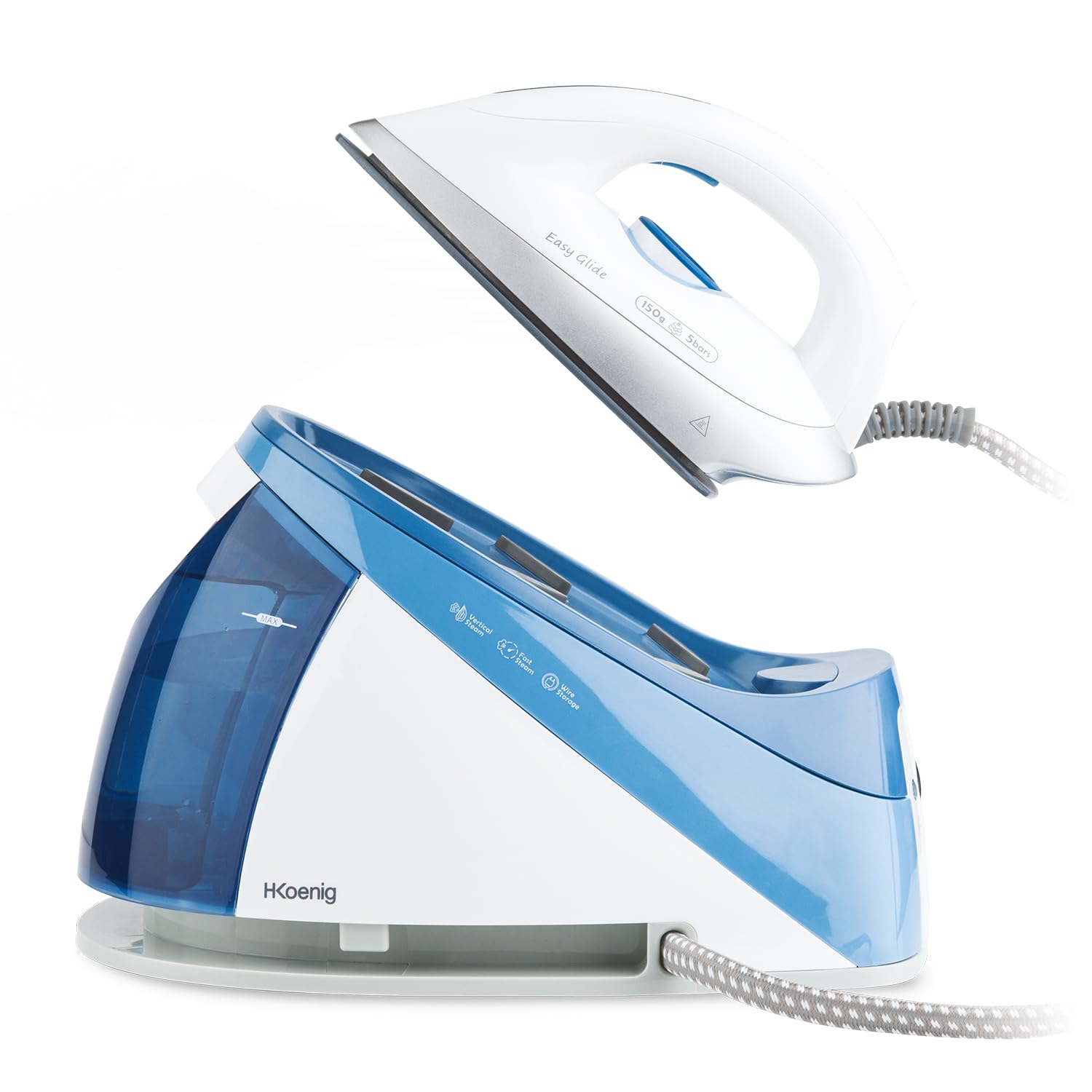 H.Koenig Ferro da stiro con caldaia V24, alta pressione 6 bar, vapore continuo 150 g/min, autonomia illimitata, stiratura verticale, piastra in ceramica EasyGlide, potente 2400W, 1,1L, anticalcare