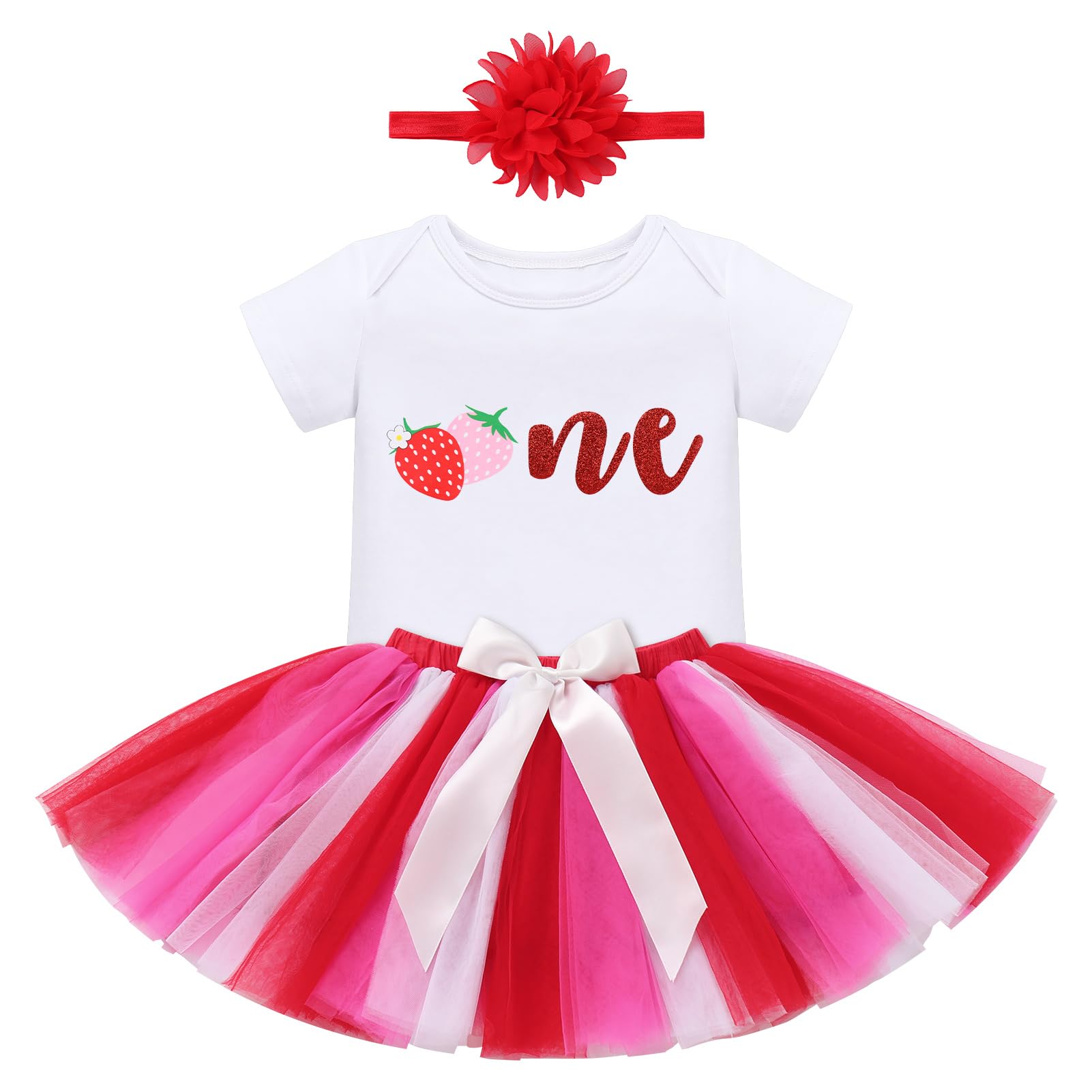 Strawberry Outfit Baby Girl: Newborn Toddler Baby Girls My 1st Birthday Dress Infant Shiny Strawberry Sequin Bowknot Tutu Tulle Princess Cake Smash Outfit for Photo Shoot Strawberry & Pink 1T
