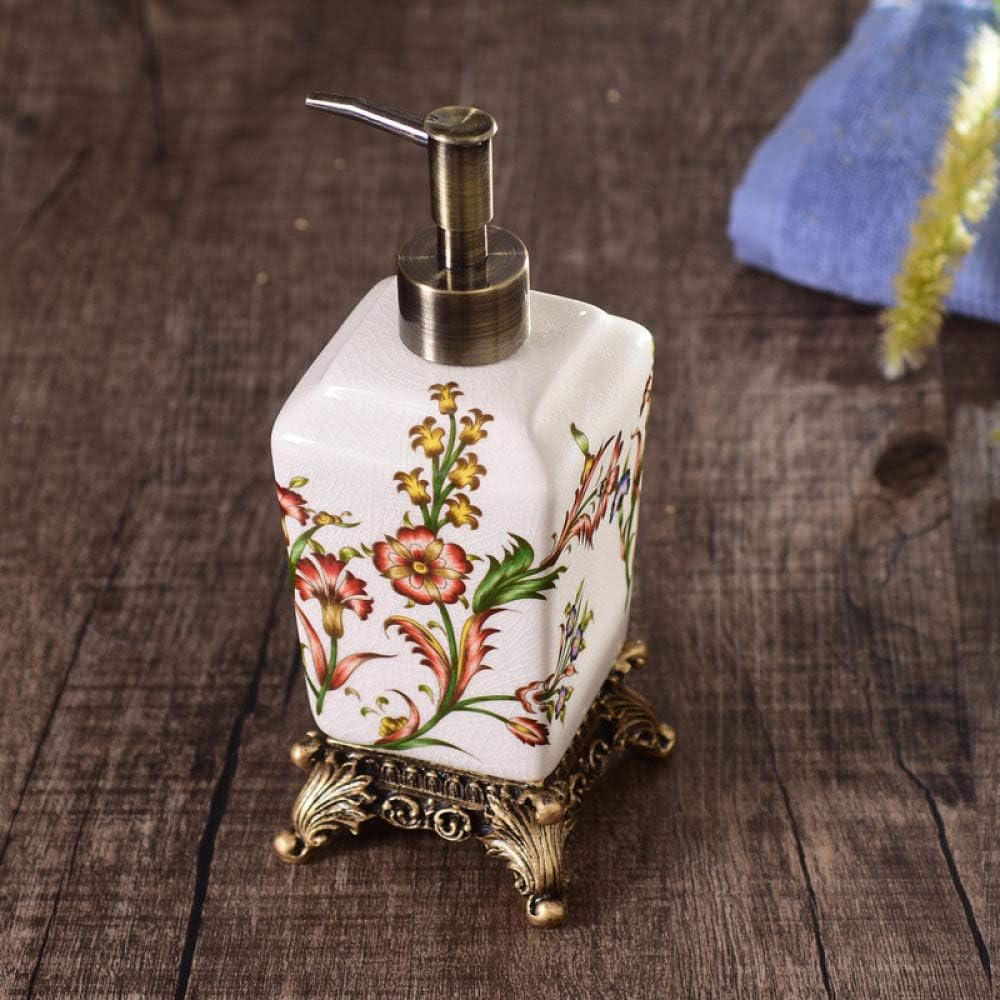 Ceramic Lotion Soap Dispenser with Pump for Bathroom Farmhouse Kitchen Office, Vintage Oil Painting Floral Refillable Empty Decorative Liquid Bottle Base