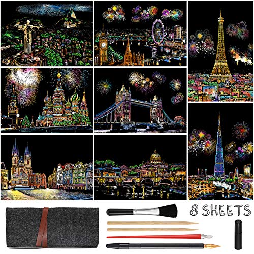 scratch art for adults kids rainbow painting night view scratchboarda4 crafts set 8 sheets scratch cards with 6 tools in bag - fireworks big ben cristo redentor ferris wheellandmark building