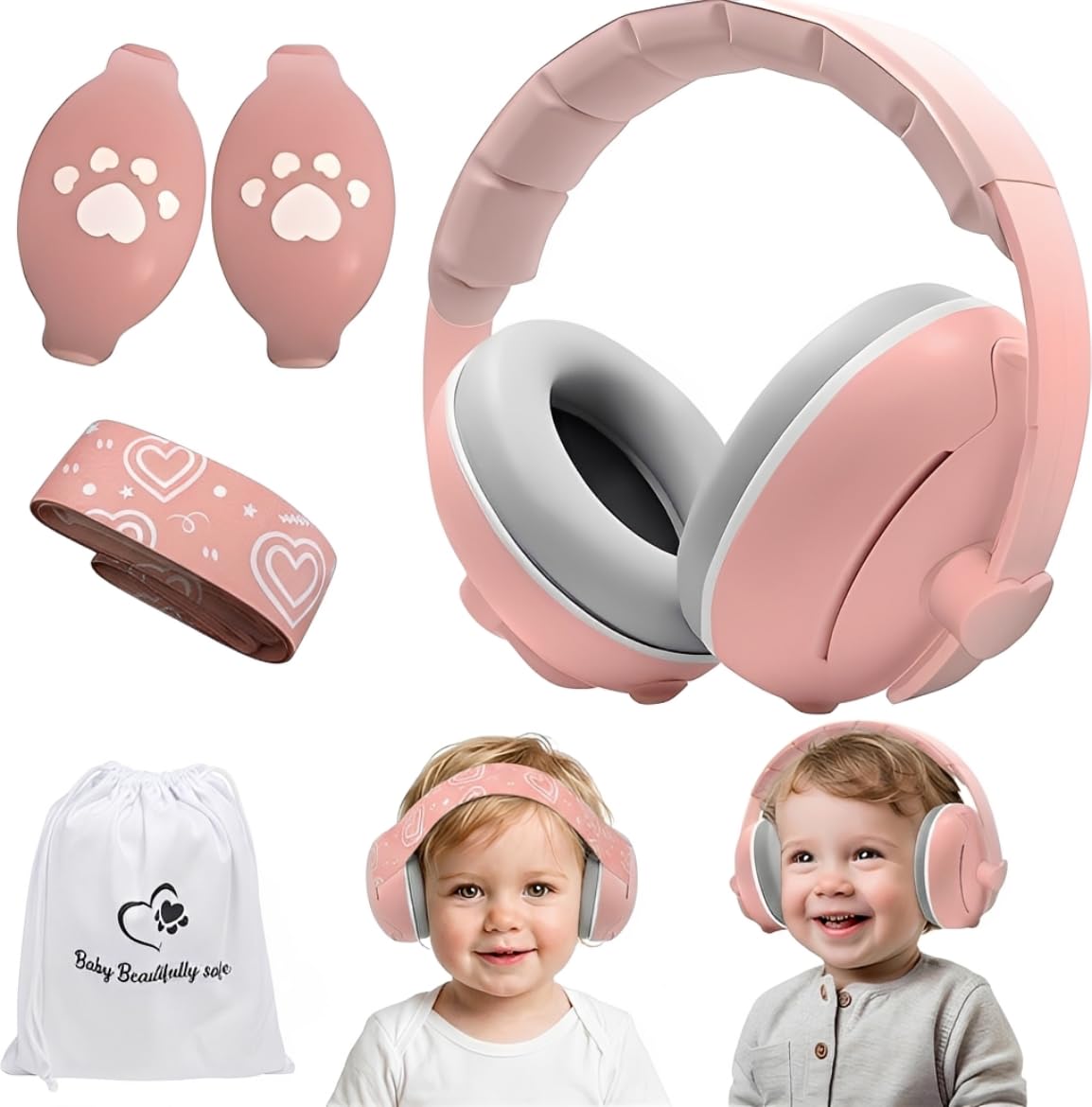 NAYEZH 2-in-1 Noise Reduction Baby Ear Defenders for 0-48 Months, Infant Hearing Protection Earmuffs for Sleep & Plane Trip, Pink ﻿