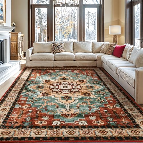 LBRO2M Boho Area Rug 8X10 Washable Rugs for Bedroom Low Piles Indoor Carpet, Non Slip Soft Rug for Living Room, Dining Room, Red Rug Foldable Pet Friendly Area Rugs Stain Resistant (8'X10' Red)