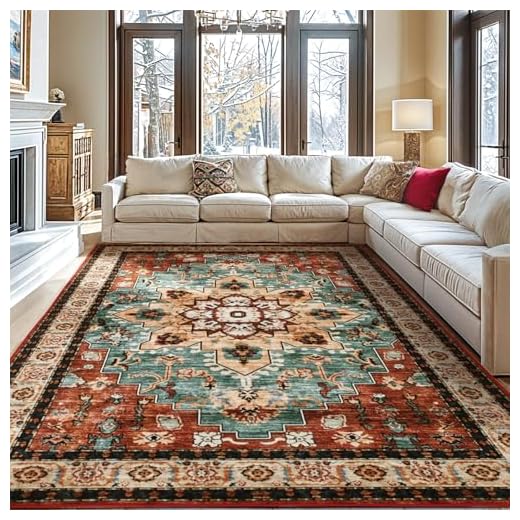 LBRO2M Boho Area Rug 8X10 Washable Rugs for Bedroom Low Piles Indoor Carpet, Non Slip Soft Rug for Living Room, Dining Room, Red Rug Foldable Pet Friendly Area Rugs Stain Resistant (8'X10' Red)
