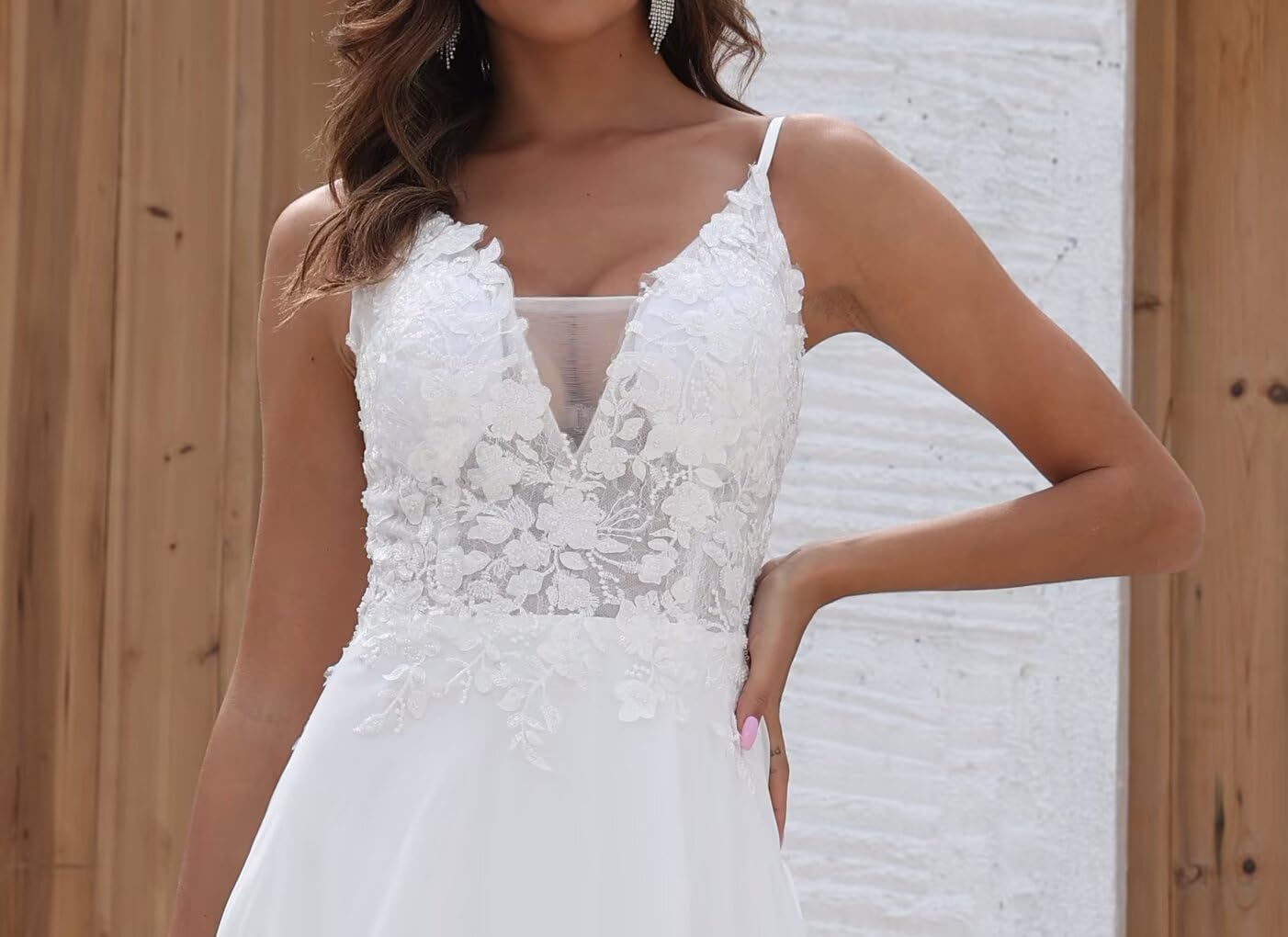 Chiffon Wedding Dresses for Bride Lace Appliques V Neck Long Beach Spaghetti Straps Simple Bridal Gown with Slit - Image 6
