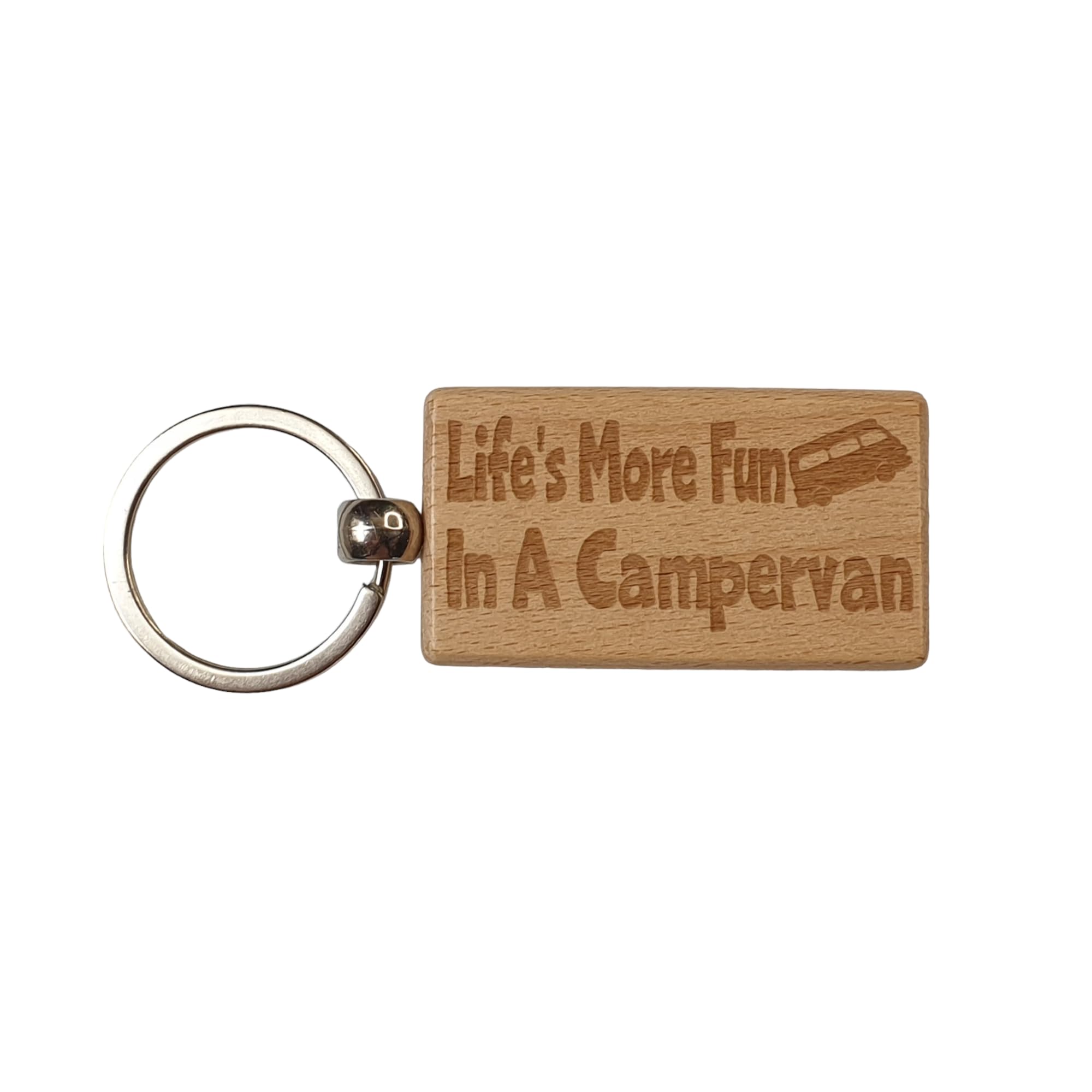 Decalarama Brown Campervan Keyring Gift Life's More Fun In A Cute Engraved Wooden Key Fob Fun Novelty Nice Custom Present