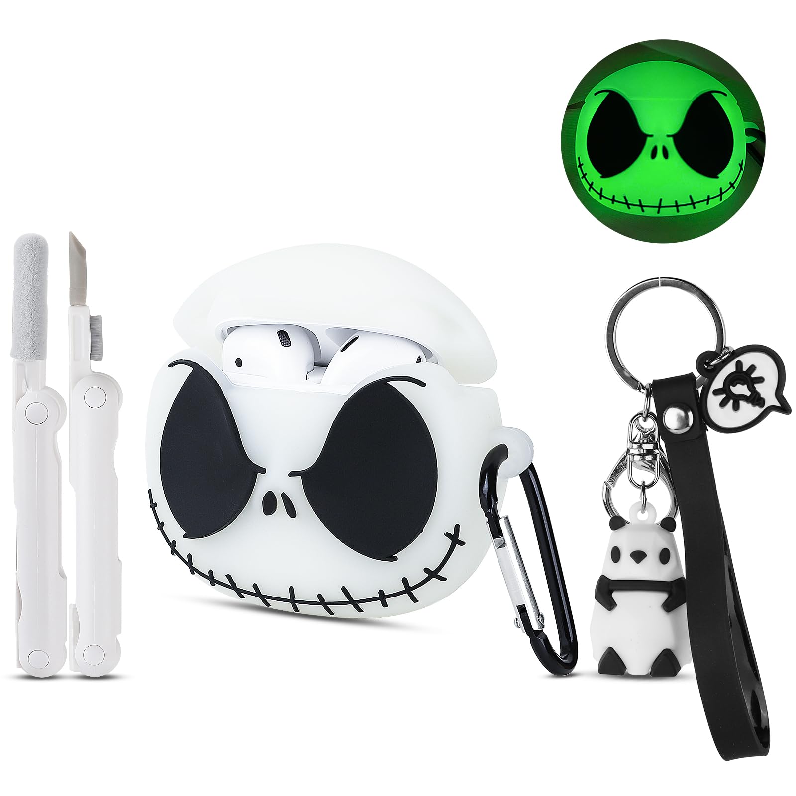 Compatible with Apple Airpods 2nd / 1st Generation Case Cover with Cleaner Kit and Cute Panda Keychain, 3D Luminous Airpod Case Funny Anime Cool Soft Silicone Protective Skin Case for Airpods 2 & 1