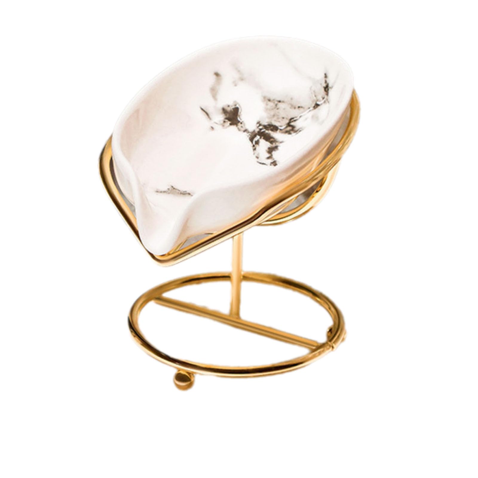 TazweeqLeaf-shaped Soap Dish, Premium Ceramic Soapbar Holder with Self, No-Punch Soap Box, Metal Ceramic Soap Drainer, Waterfall Soapdish with Stainless Steel Stand (Gold)