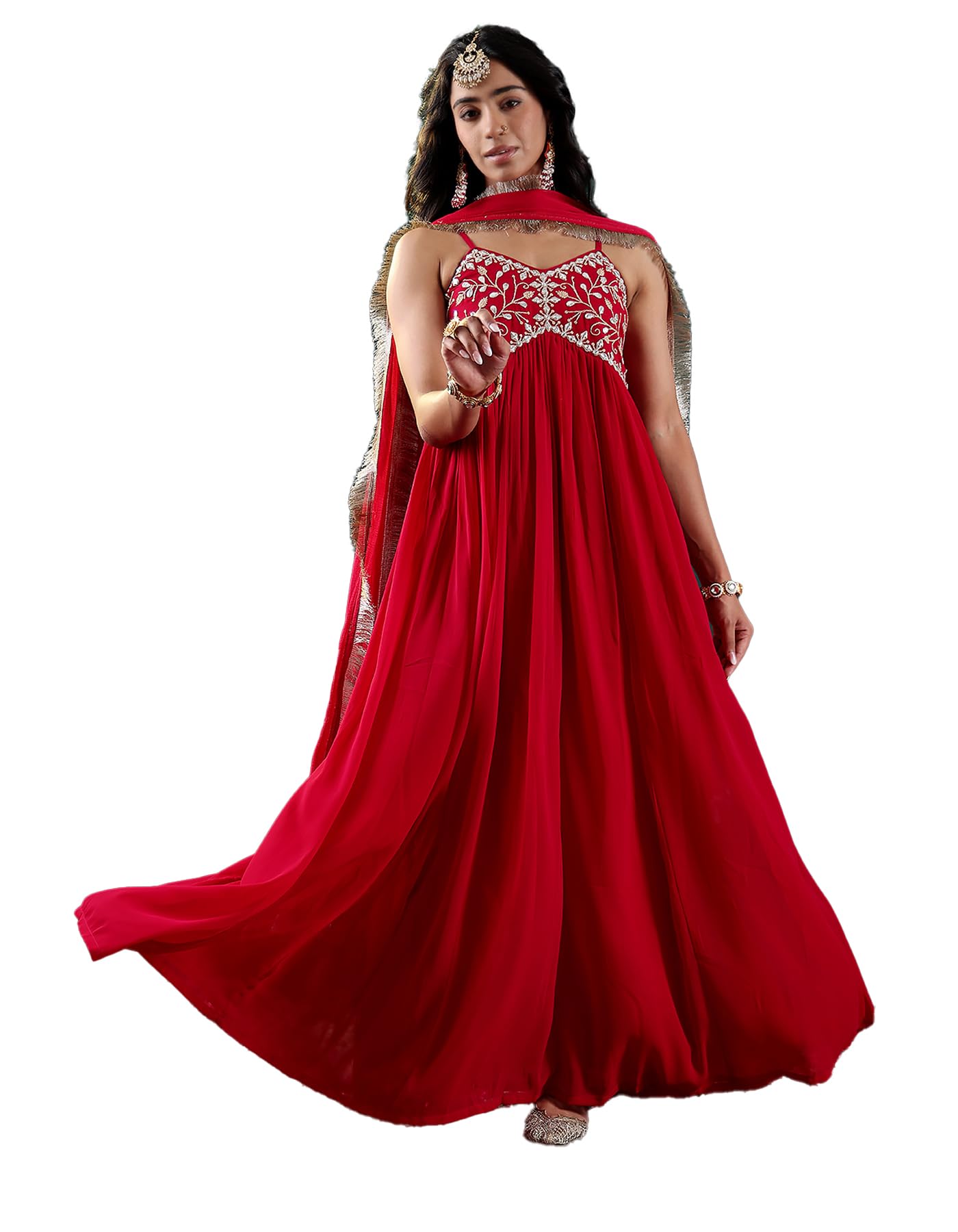 Varanga Women Fuchsia Embroidered Anarkali Kurta Set With Tonal Dupatta  Zari & Mirror Embroidery, V-Neck, Fringed Dupatta