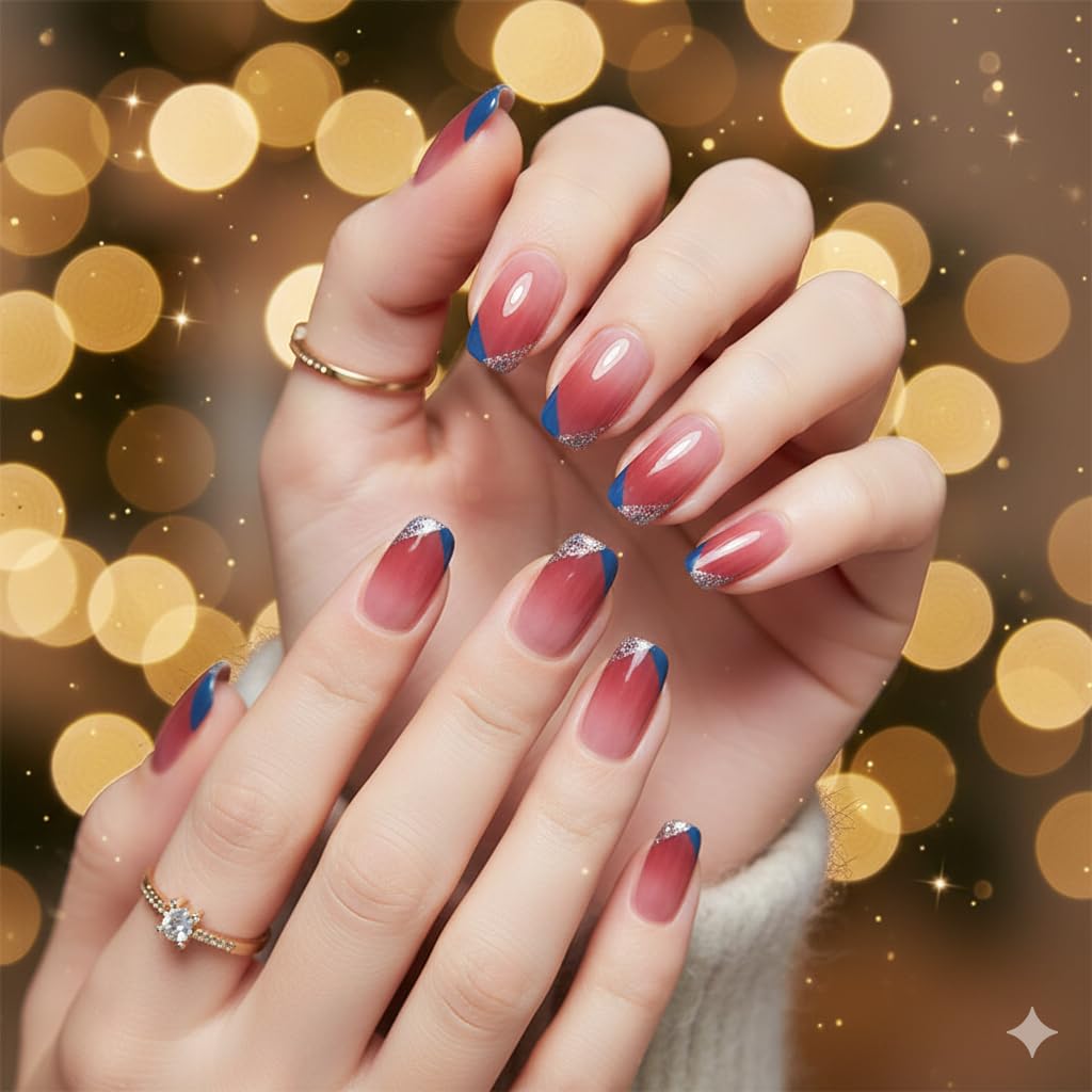 Twilight Sparkle Press-On Nails - Rose to Navy Gradient with Glitter-image-12