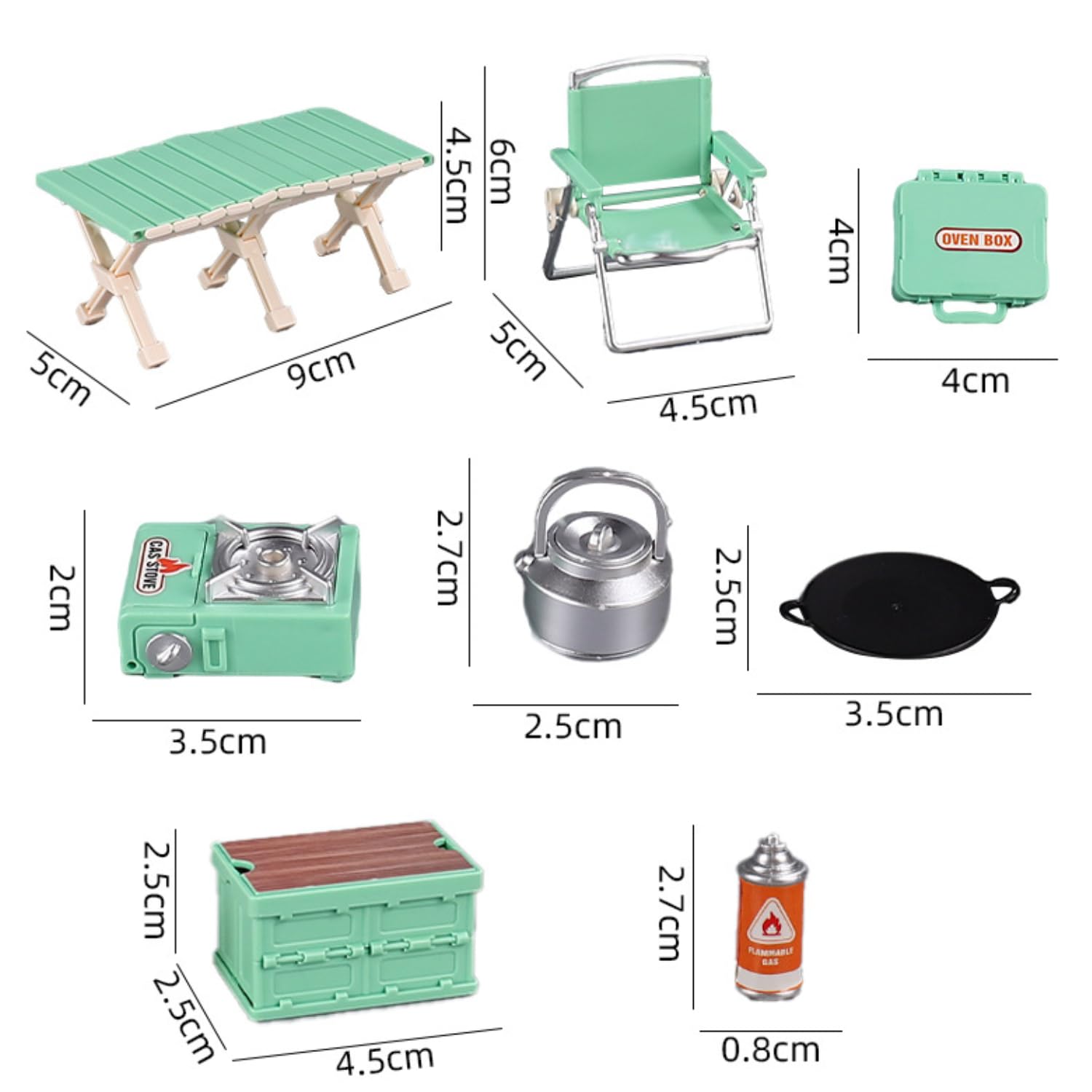 Set di 8 mini mobili da campeggio, in miniatura, set di mini tavoli da campeggio, sedie pieghevoli, fornello a gas, padella, contenitore per picnic, esterni, piccolo set da giardino