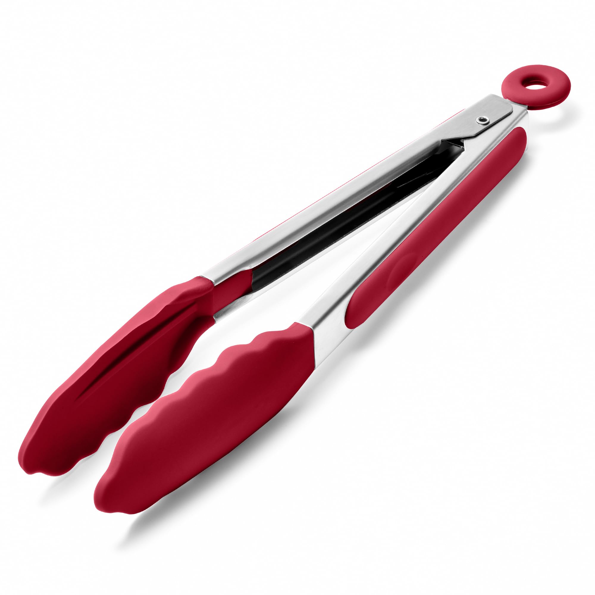 Doosu Kitchen Cooking Silicone Tongs，315℃ Heat Resistant Locking Tong with Non-Scratch Tipped, 18/8 Stainless Steel Heavy Duty Utensils for BBQ, Air Fryer, Serving Salad (23cm, Red)