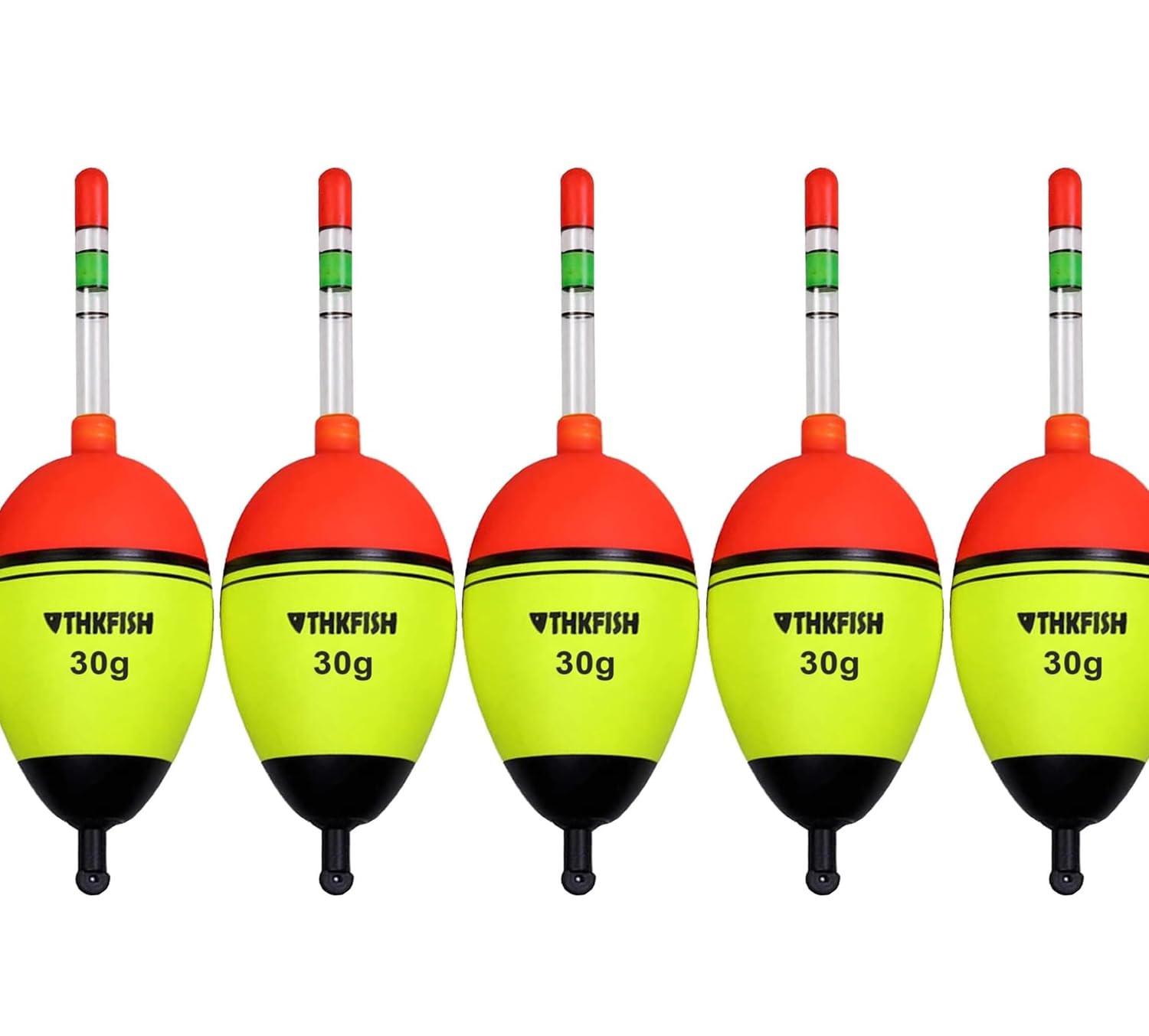 THKFISH Galleggianti da Pesca Bobber da Pesca luci di Pesca 5 Pezzi Bobber 5 g/15 g/30 g/40 g con 10 Pezzi Bastoncini Luminosi