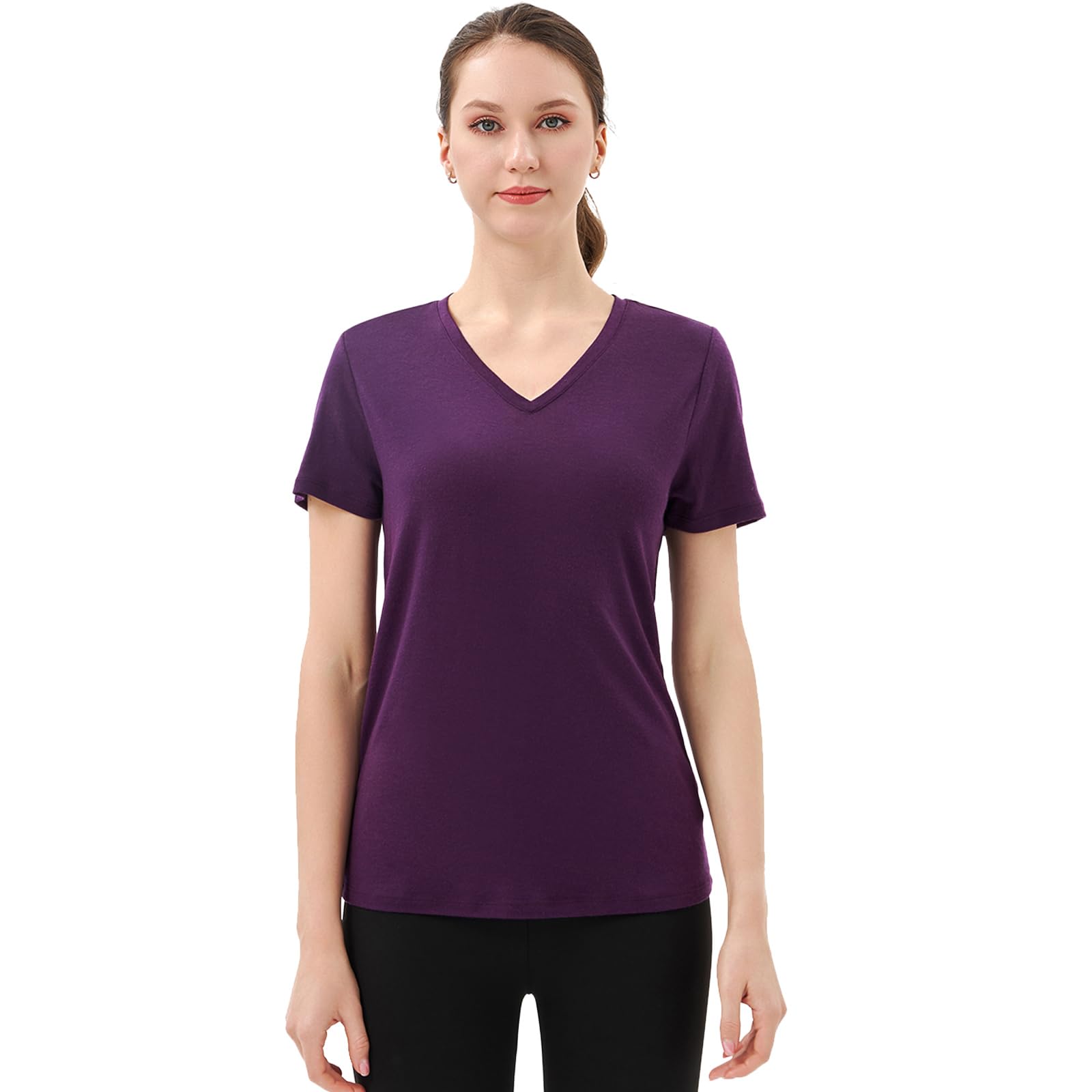 Merino Protect100% Merino Wool V Neck T-Shirt for Women Short Sleeve Base Layers Odor Resistance Tops for Outdoor HikingOEKO-TEX STANDARD 100