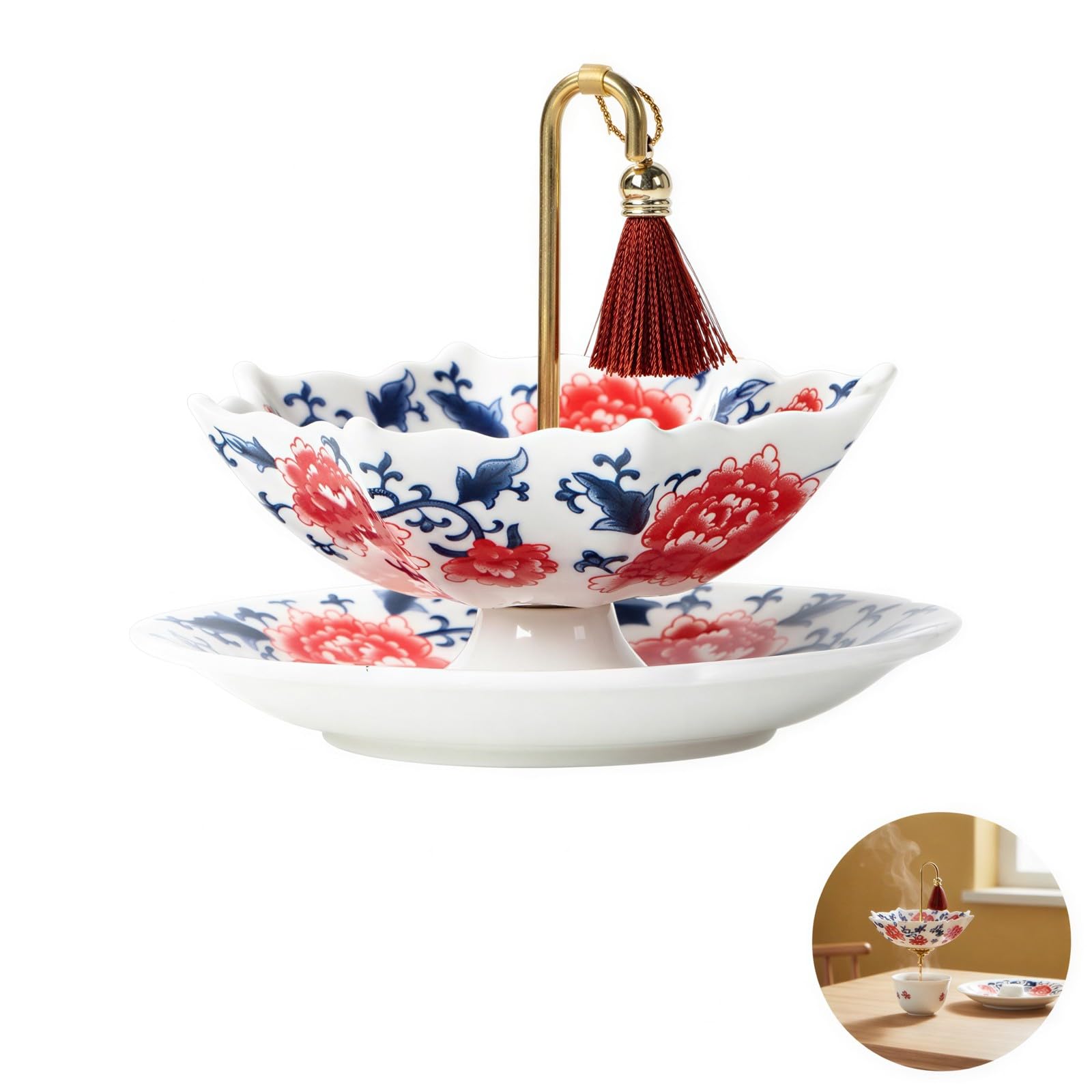 Filtre à thé en céramique, porcelaine bleue et blanche pour thé kung fu, en forme d'ombrelle avec base et poignée dorée, infuseur élégant pour la maison, le bureau et les cadeaux d'entreprise