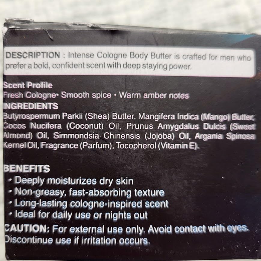 VITALSKINOIL Body Butter for Men, Intense Cologne moisturizer with Shea Butter, Mango Butter & Botanical Oils, Deep Bold Long-Lasting Scent, Paraben Free, 4.23 oz