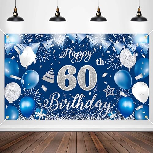 Blau Banner Geburtstag 60, Banner 60 Geburtstag, Extra Groß Blau Geburtstagsbanner 60, 60 Geburtstag Männer Frauen, Happy Birthday Hintergrund für Deko 60. Geburtstag Mann Frau, 72.8 x 43.3 Zoll Cover