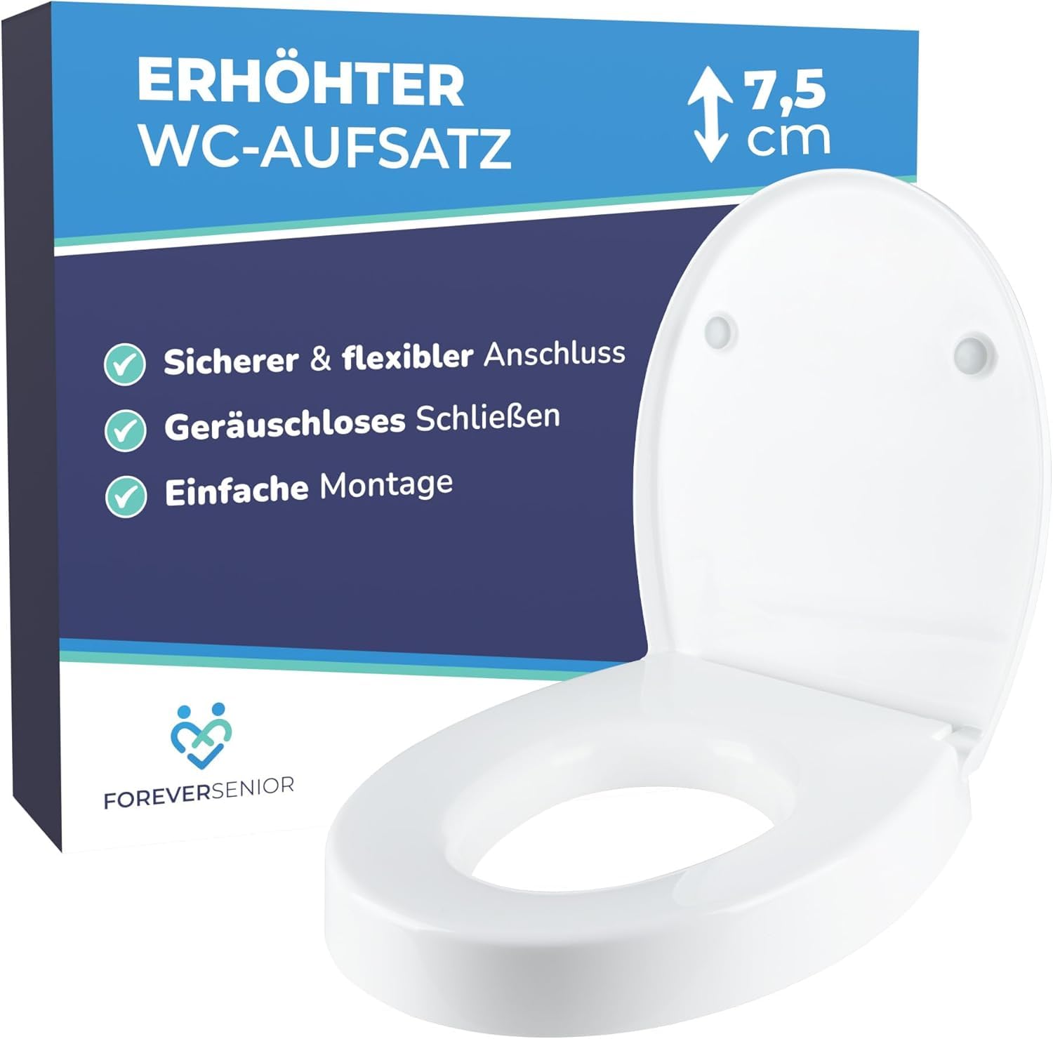 ForeverSenior Toilet Seat Raiser 7.5 cm - Raised Toilet Seat for Disabled with Soft-Close Mechanism, Ergonomic Toilet Booster Seat for Seniors, Stable & Comfortable Toilet Seat