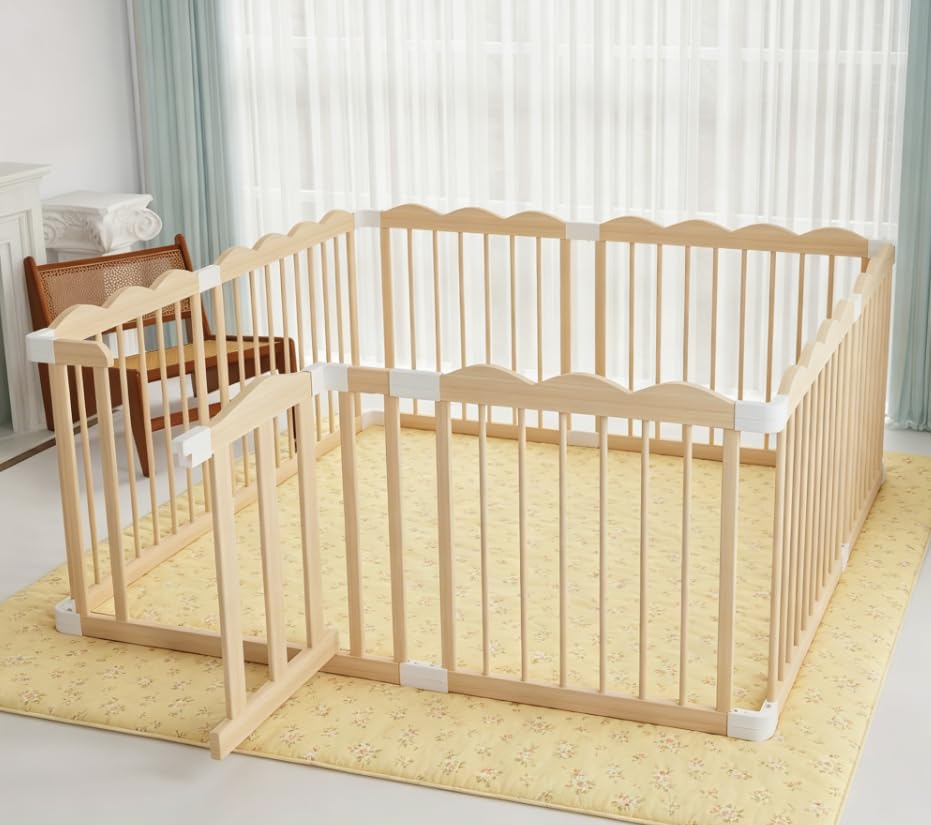 Baby Playpen, Wooden Playpen for Babies and Toddlers, Large Adjustable Wooden Baby Playard with Locking Gate, Easy to Assemble, Portable Play Pen, Infant Play Pen Play Area(47x61x23 Inch)