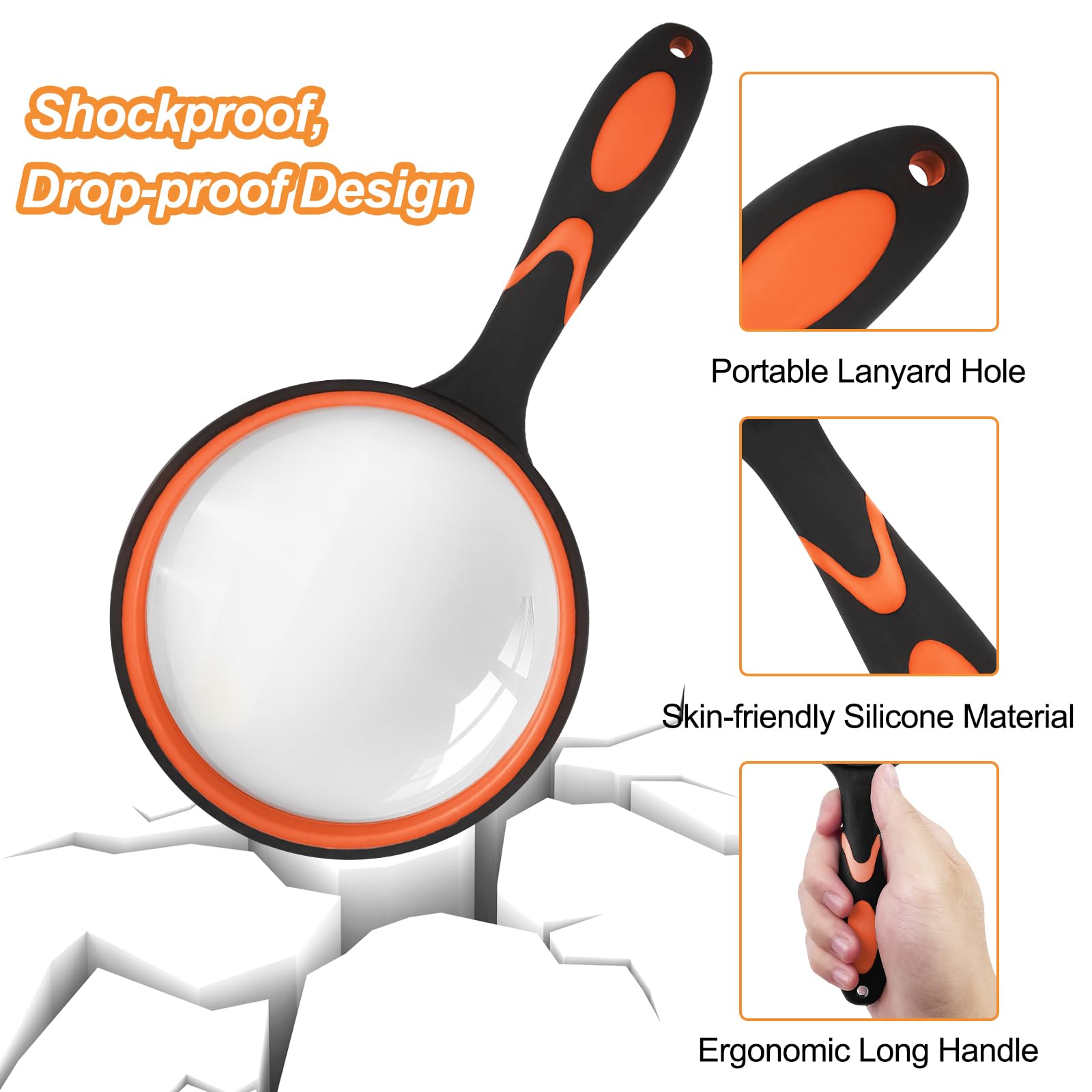 Fousenuk Lupa de Mano 100mm, Lupas de Gran Aumento con Mango de Goma Antideslizante, Inastillable Lente de Aumento para Personas Mayores, Niños, Lectura, Manualidades, Libros, Insectos, Inspección