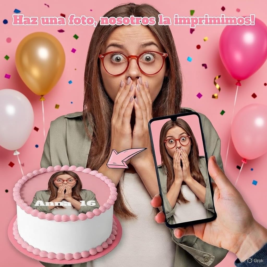 OBLEA o PAPEL DE AZÚCAR *PREMIUM* - Foto Comestible Personalizada para Tartas con Foto, Nombre y Edad - Calidad Fotográfica HD - Colores Vivos - Rectangular