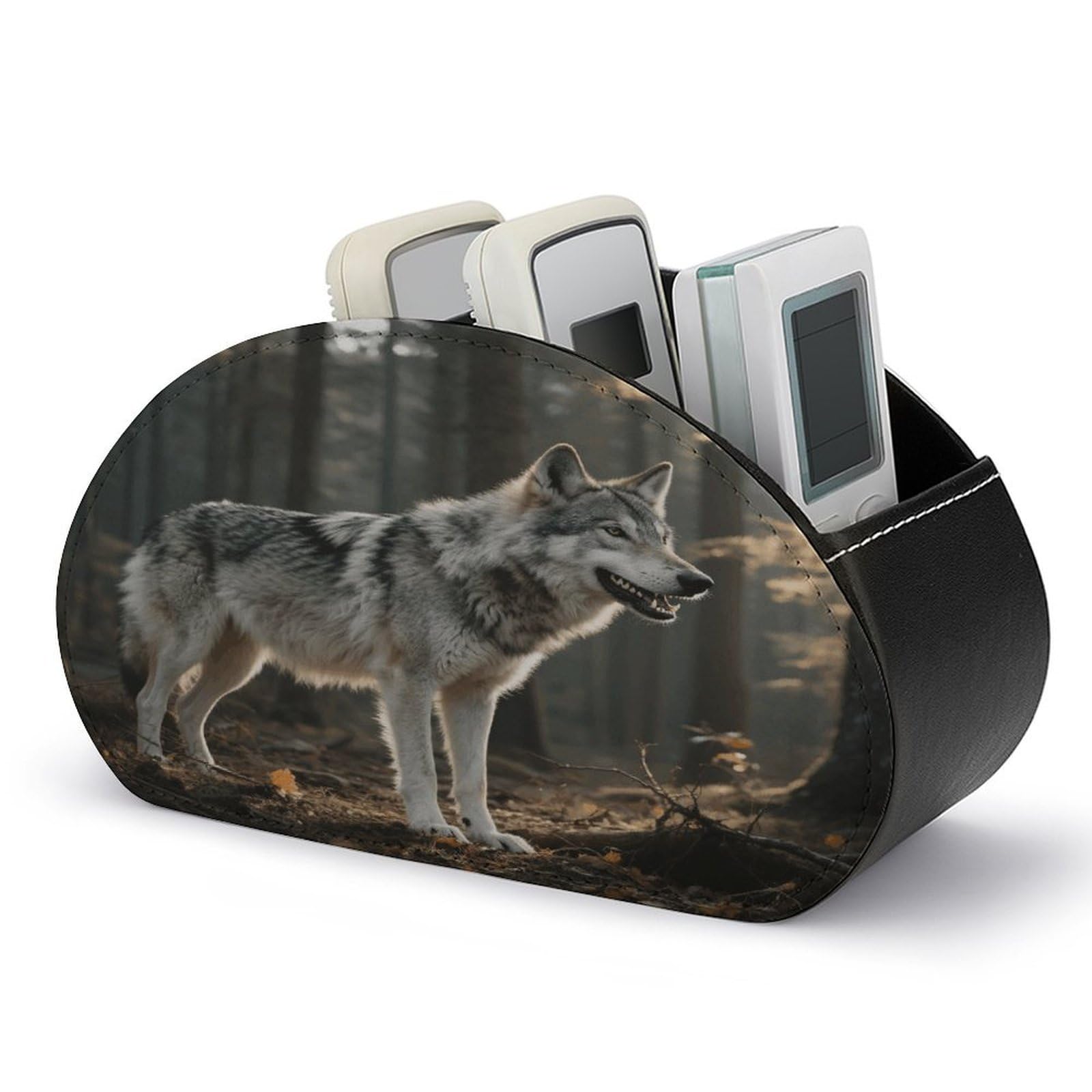 VstaDank Wolf Remote Control Holder with 5 Compartments PU Leather TV Remoter Caddy Desktop Organizer TV Remote Holder Remote Box for Media Controllers Office Supplies