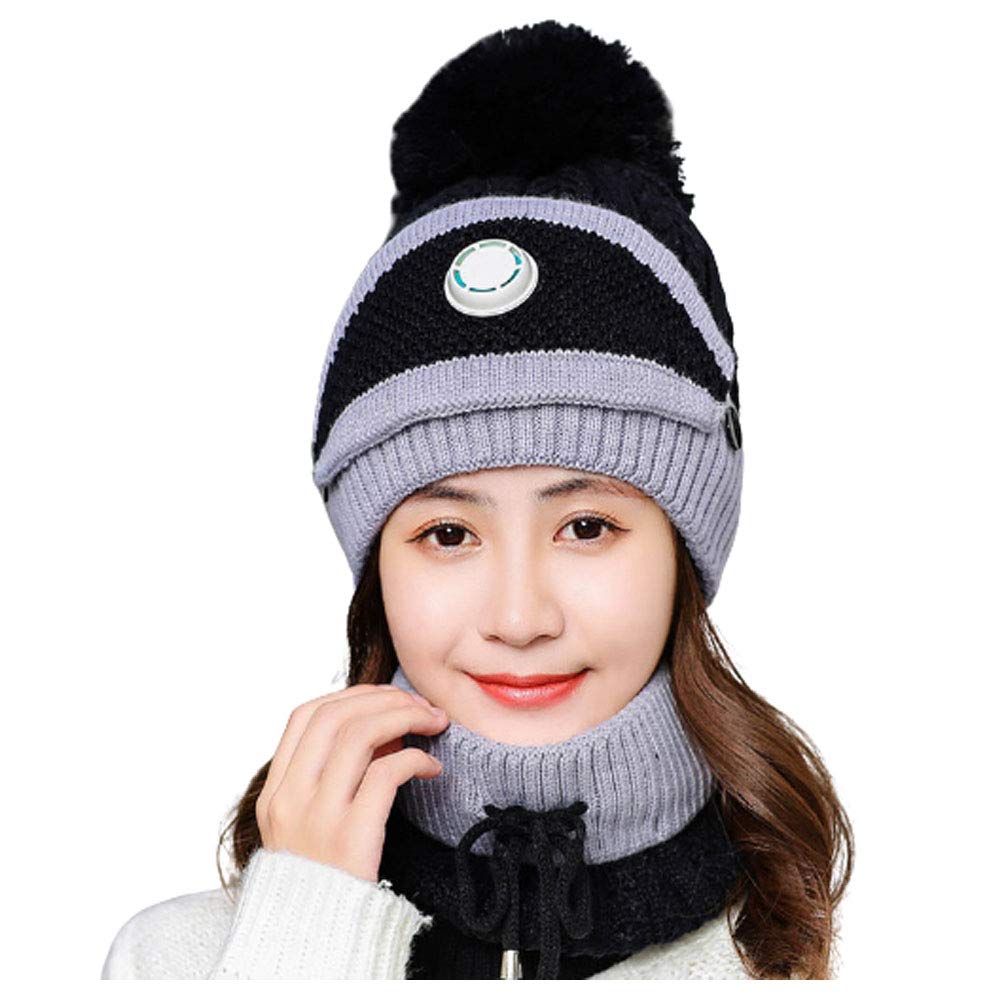 malvina Pom Pom Hat Neck Warmer Mouth Mask, Thick Warm Winter Lined Beanie Cap Scarf Face Cover 3-Piece Set for Women's & Girl's (Black)-picture-4