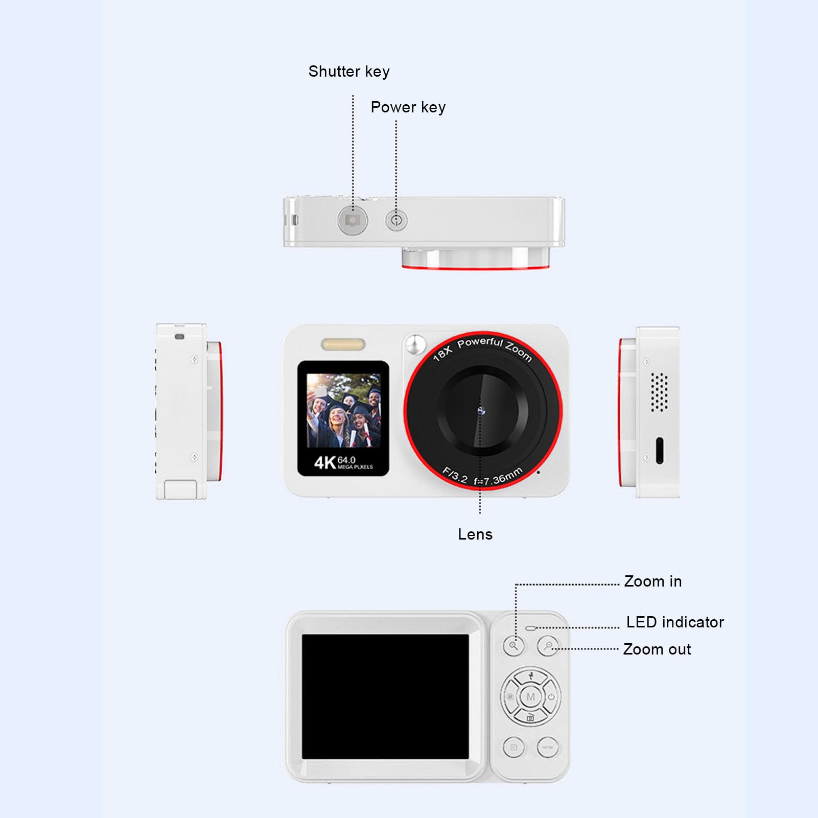 VBESTLIFE Fotocamera Digitale 4K per Fotografia, Fotocamera Selfie con Doppio Schermo HD da 64 MP e Zoom 18X, Flash Integrato, per Studenti Principianti e Adolescenti (WHITE)