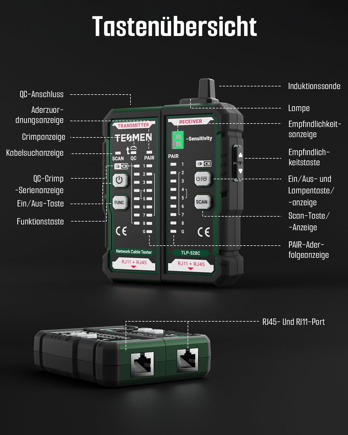 TESMEN TLP-528C Netzwerkkabeltester, RJ11/RJ45, Kabelsuchgerät mit Toner für CAT5/CAT6, Durchgangs- & QC, LAN- & Telefonfinder, ideal für Kabelwartung und -sortierung – Grün