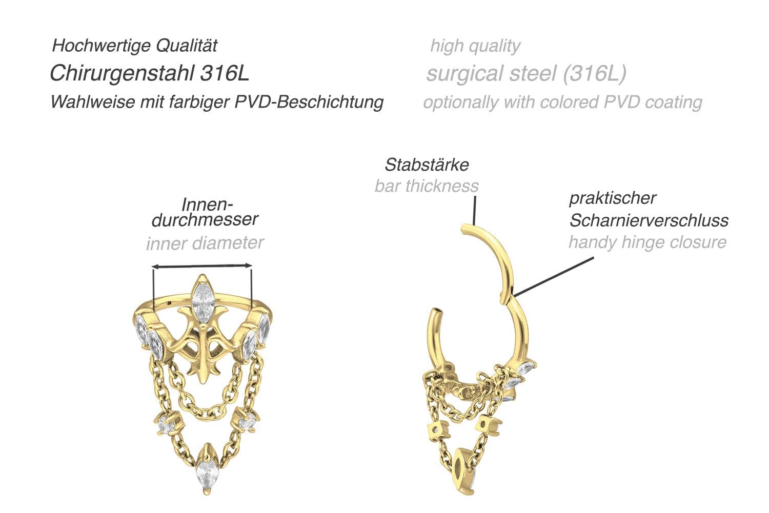 PIERCINGLINE Piercing Ring Chirurgenstahl Segmentring Clicker KRONE + 2 KETTEN - Roségoldfarben, Schwarz, Goldfarben, Silberfarben