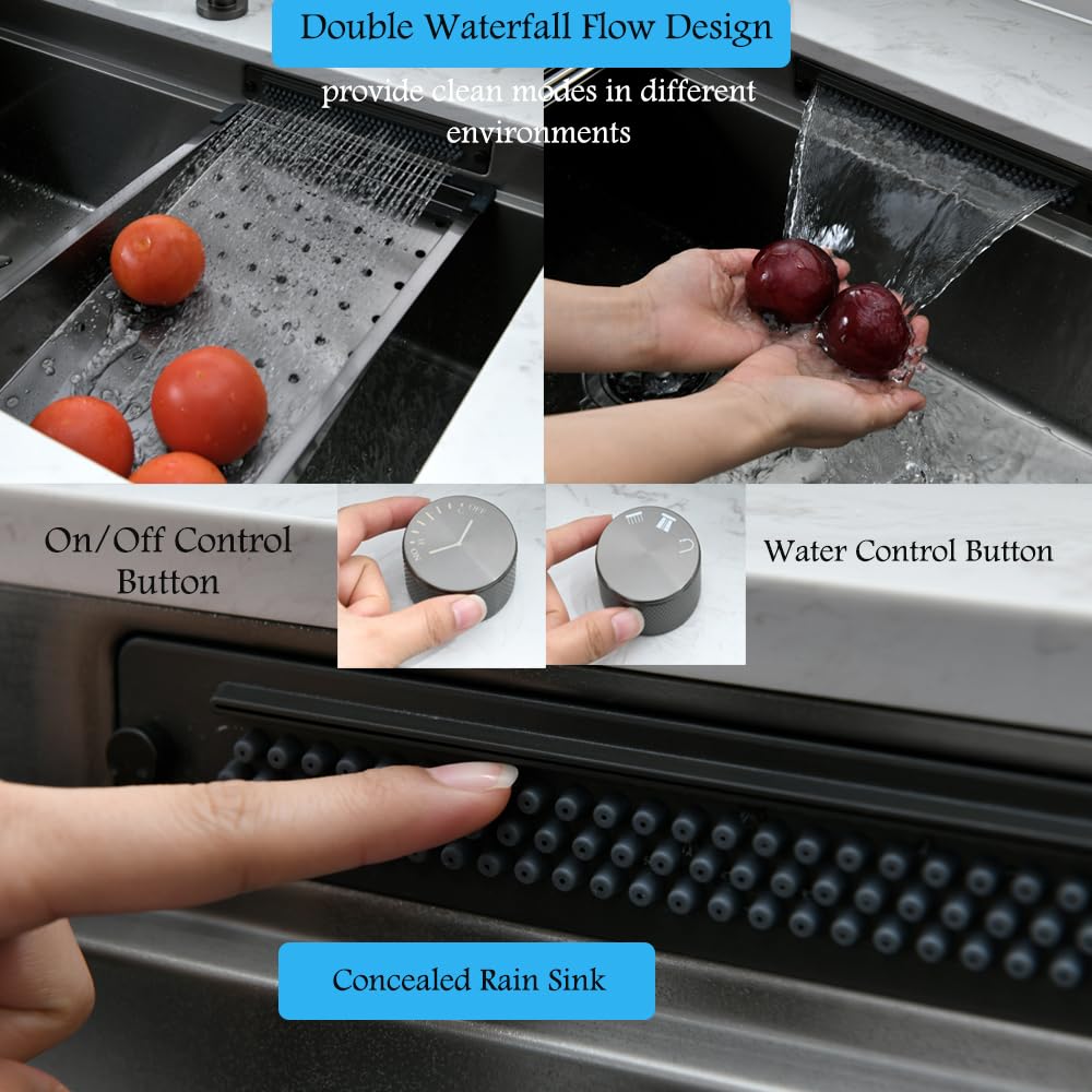 33 Inch Black Waterfall Kitchen Sink Undermount Workstation-Bokaiya 33x19 Undermount Black Stainless Steel Kitchen Sink with Waterfall 16 Guage Multifunction Single Bowl Sinks with Cutting Board